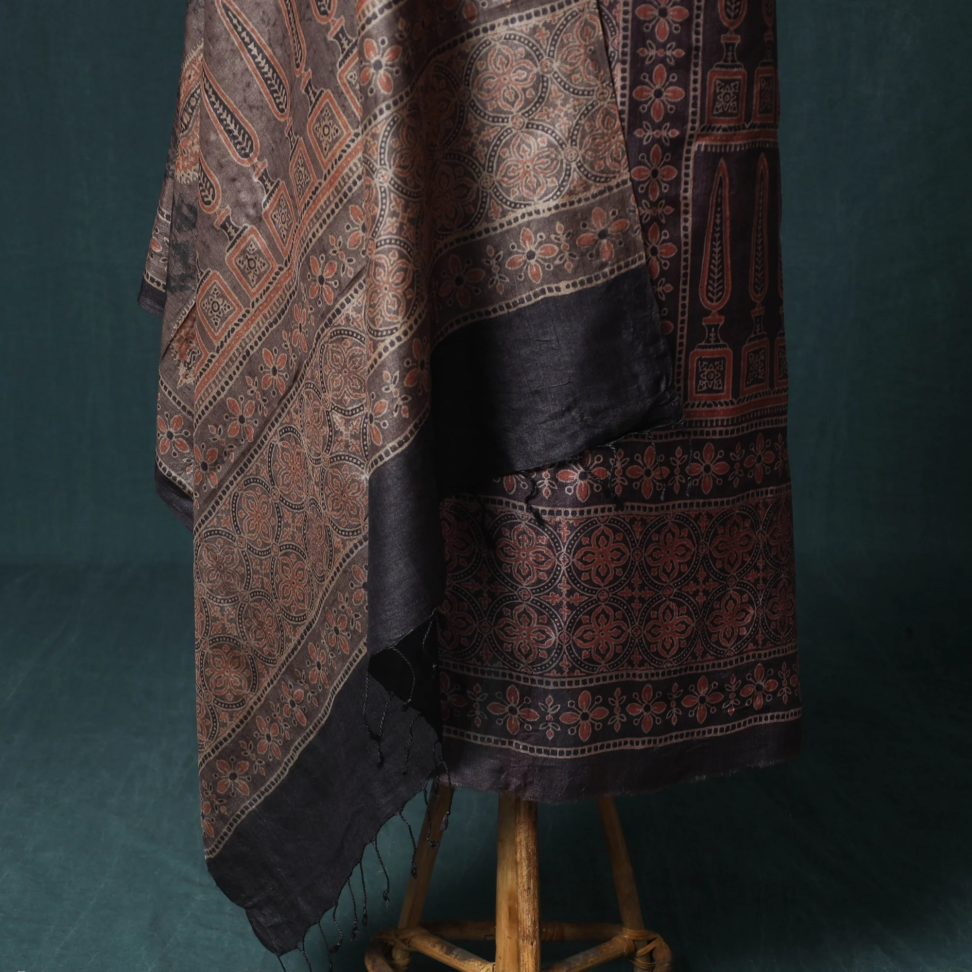Brown - 2pc Ajrakh Hand Block Print Handloom Tussar Silk Natural Dyed Unstitched Dress Material Kurta Set 08 - Image 4