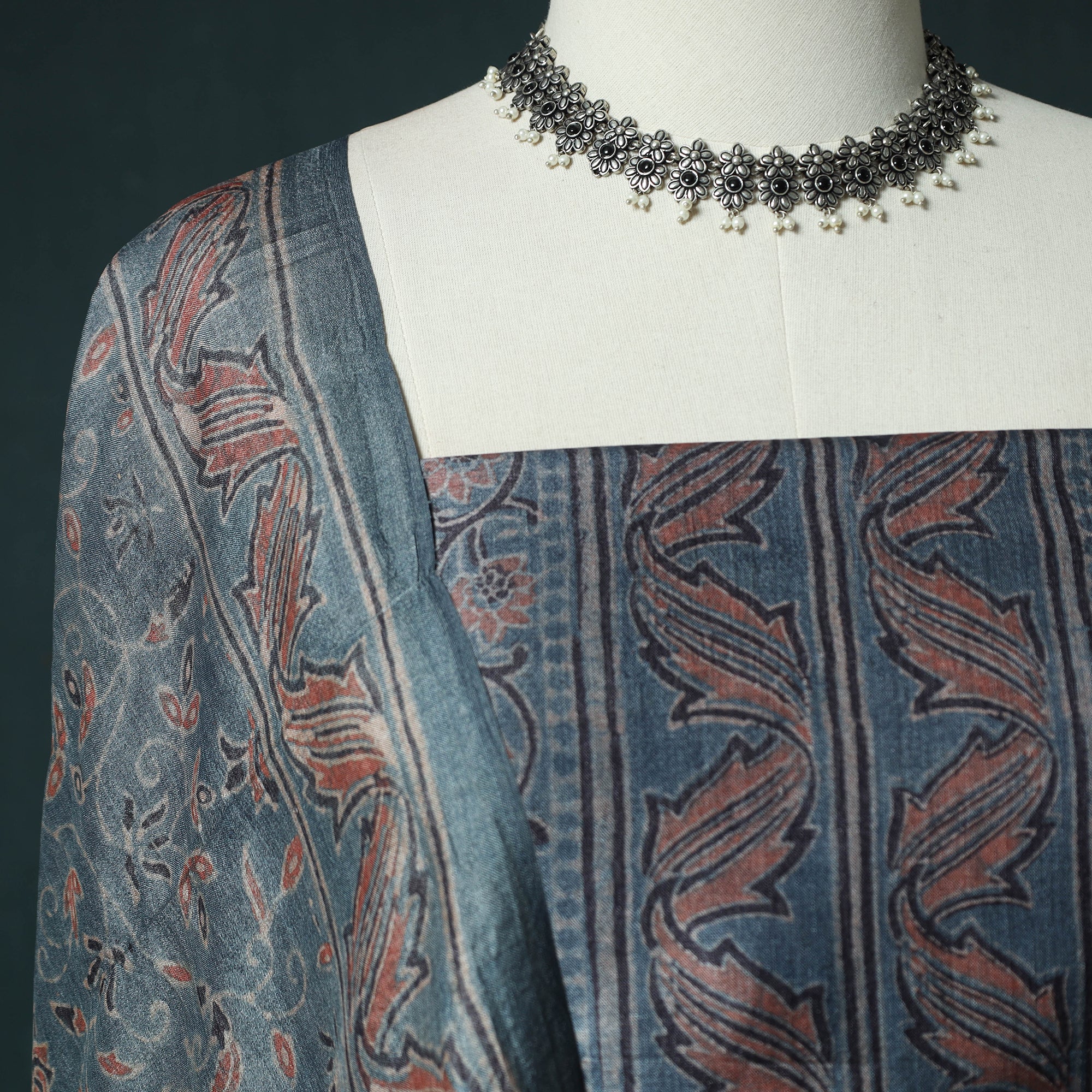 Blue - 2pc Ajrakh Hand Block Print Handloom Tussar Silk Natural Dyed Unstitched Dress Material Kurta Set 09 - Image 3