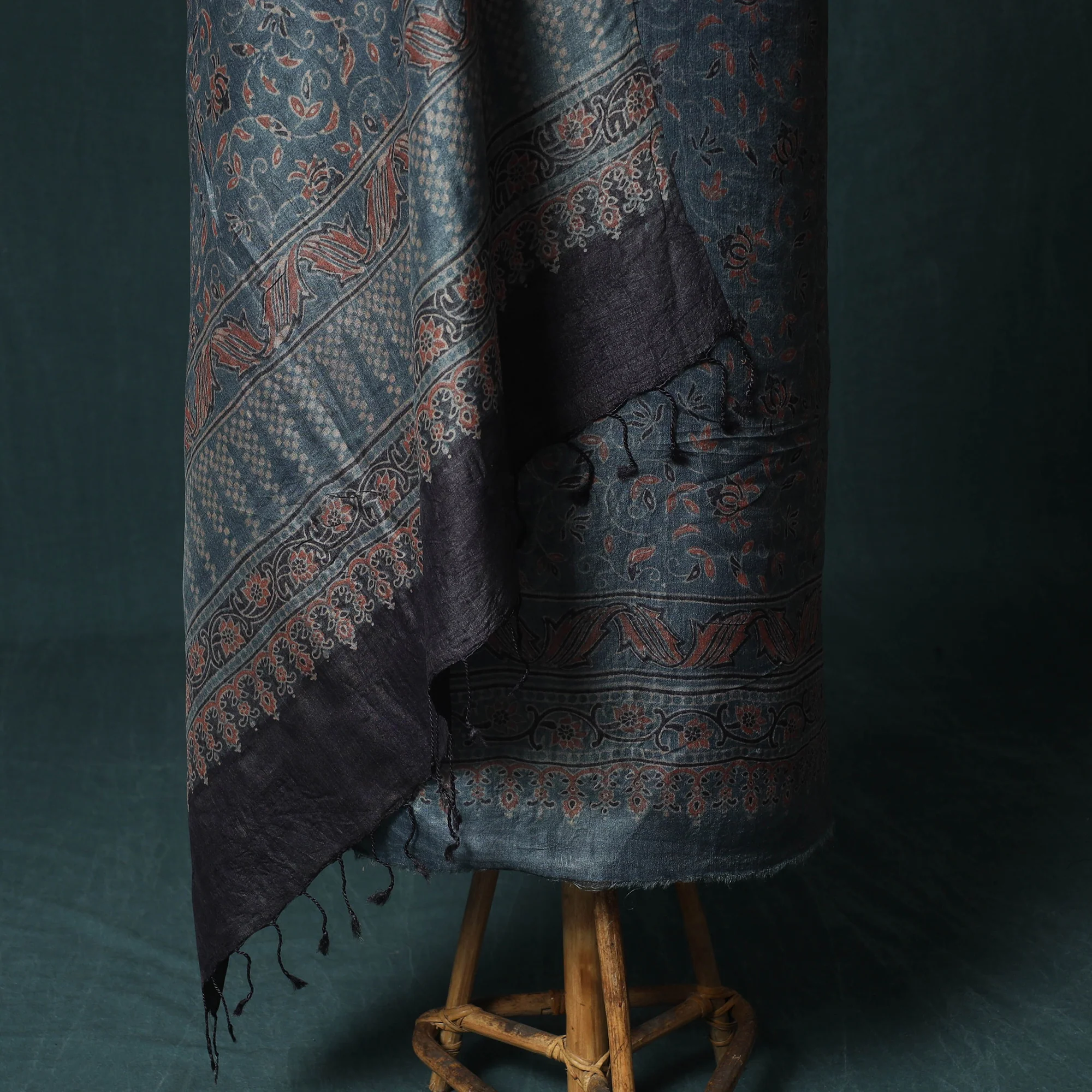 Blue - 2pc Ajrakh Hand Block Print Handloom Tussar Silk Natural Dyed Unstitched Dress Material Kurta Set 09 - Image 4