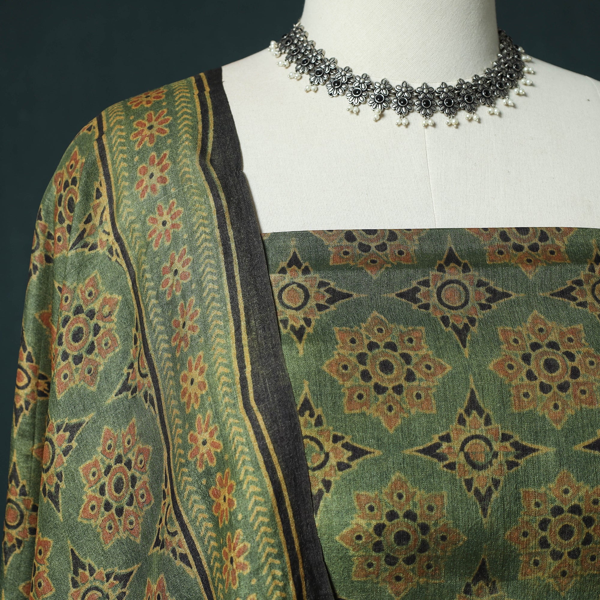 Green - 2pc Ajrakh Hand Block Print Handloom Tussar Silk Natural Dyed Unstitched Dress Material Kurta Set 11 - Image 3