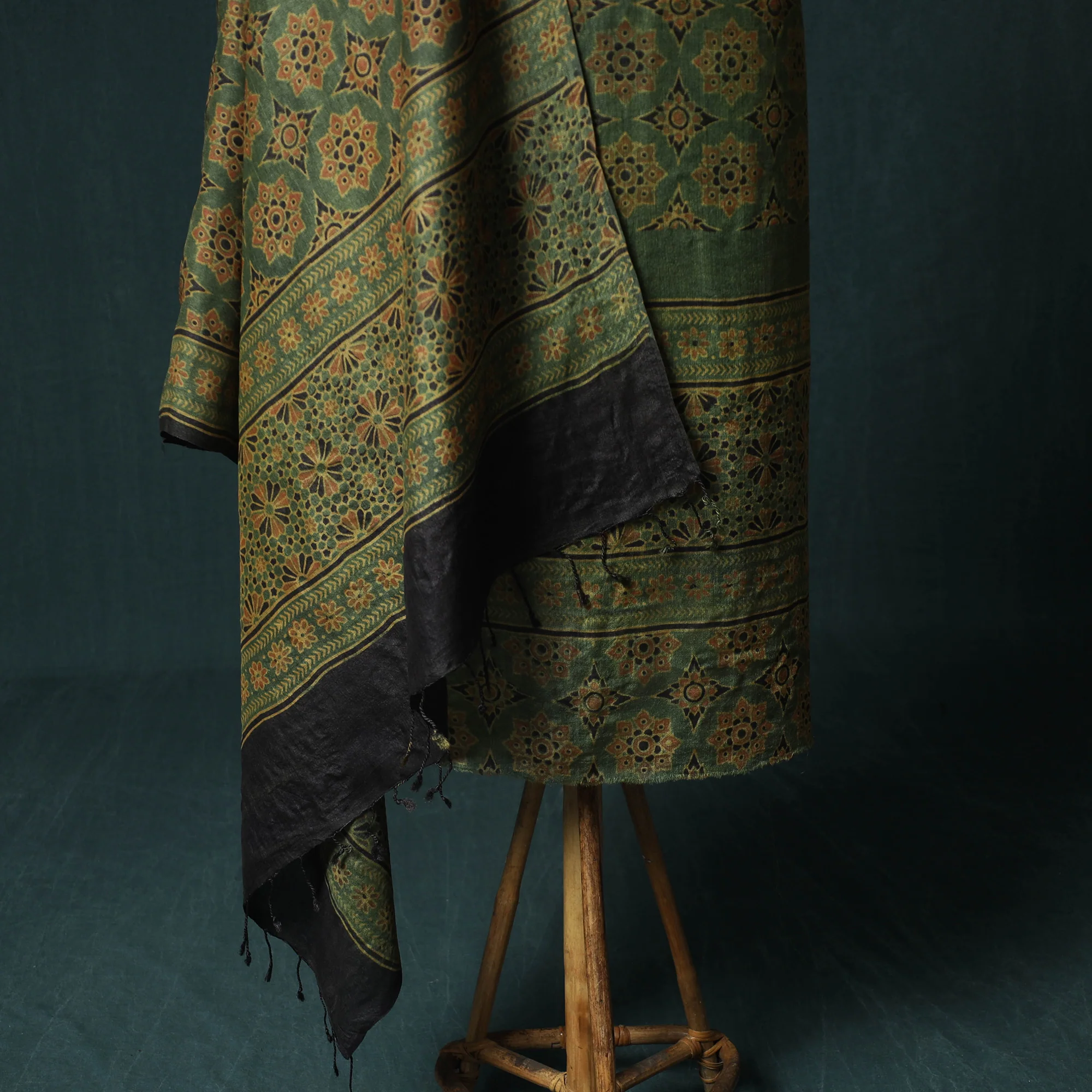 Green - 2pc Ajrakh Hand Block Print Handloom Tussar Silk Natural Dyed Unstitched Dress Material Kurta Set 11 - Image 4