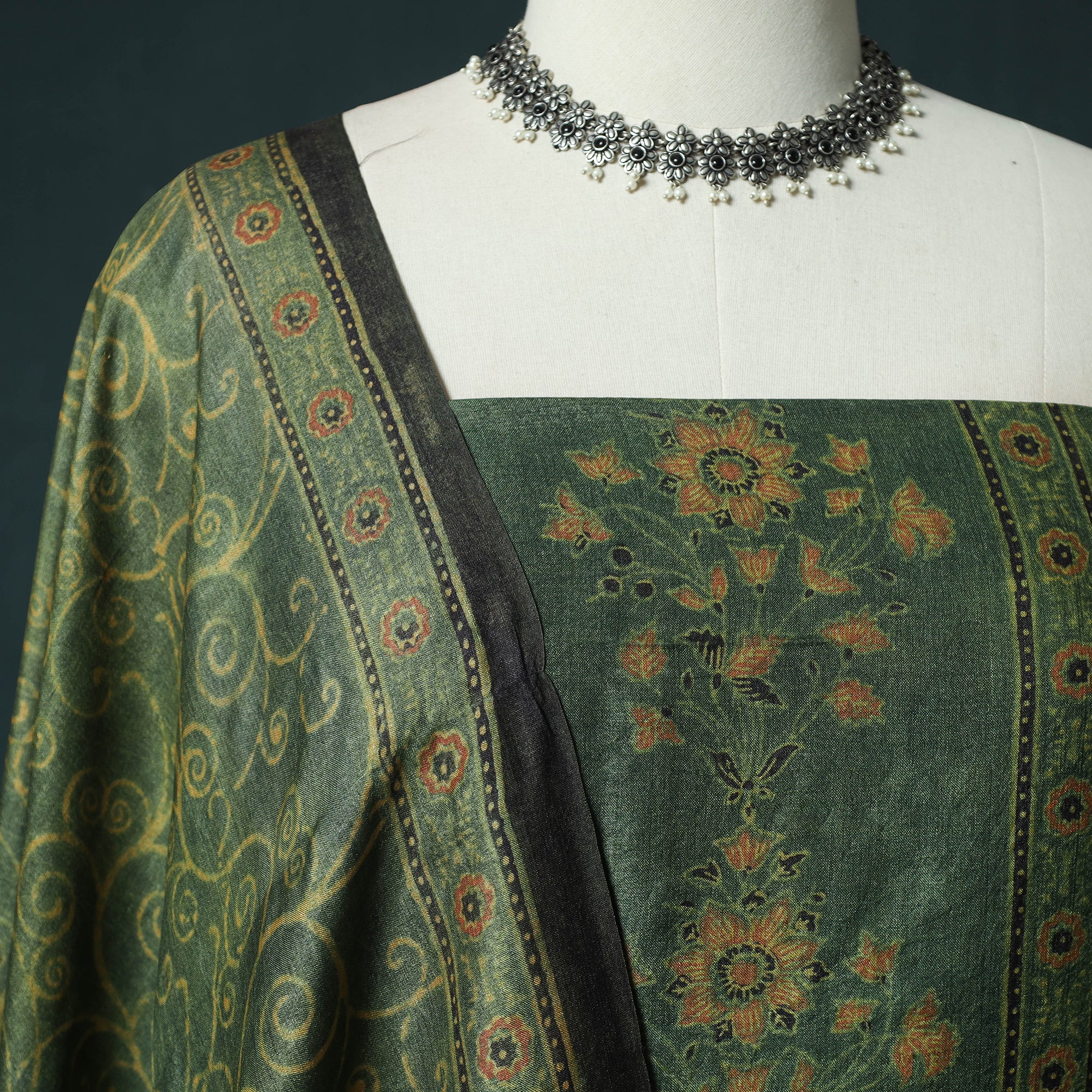 Green - 2pc Ajrakh Hand Block Print Handloom Tussar Silk Natural Dyed Unstitched Dress Material Kurta Set 12 - Image 3