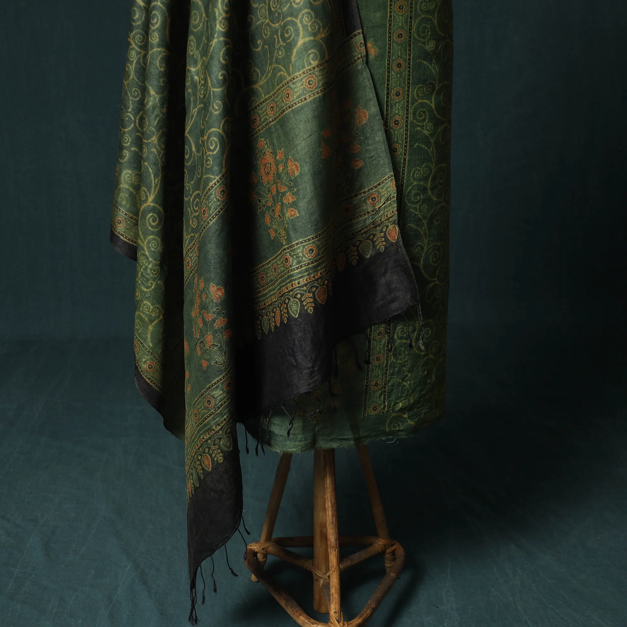 Green - 2pc Ajrakh Hand Block Print Handloom Tussar Silk Natural Dyed Unstitched Dress Material Kurta Set 12 - Image 4