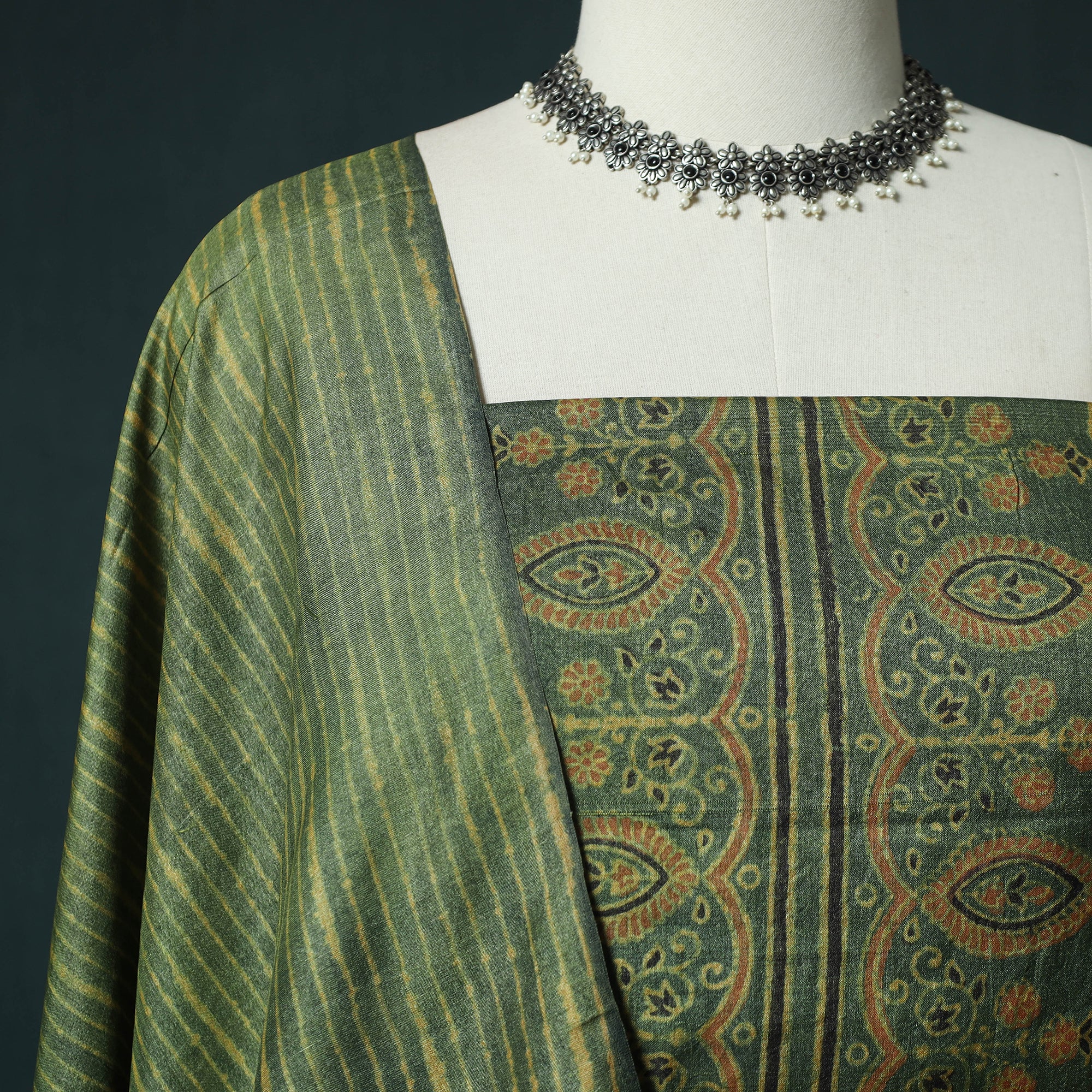 Green - 2pc Ajrakh Hand Block Print Handloom Tussar Silk Natural Dyed Unstitched Dress Material Kurta Set 13 - Image 3
