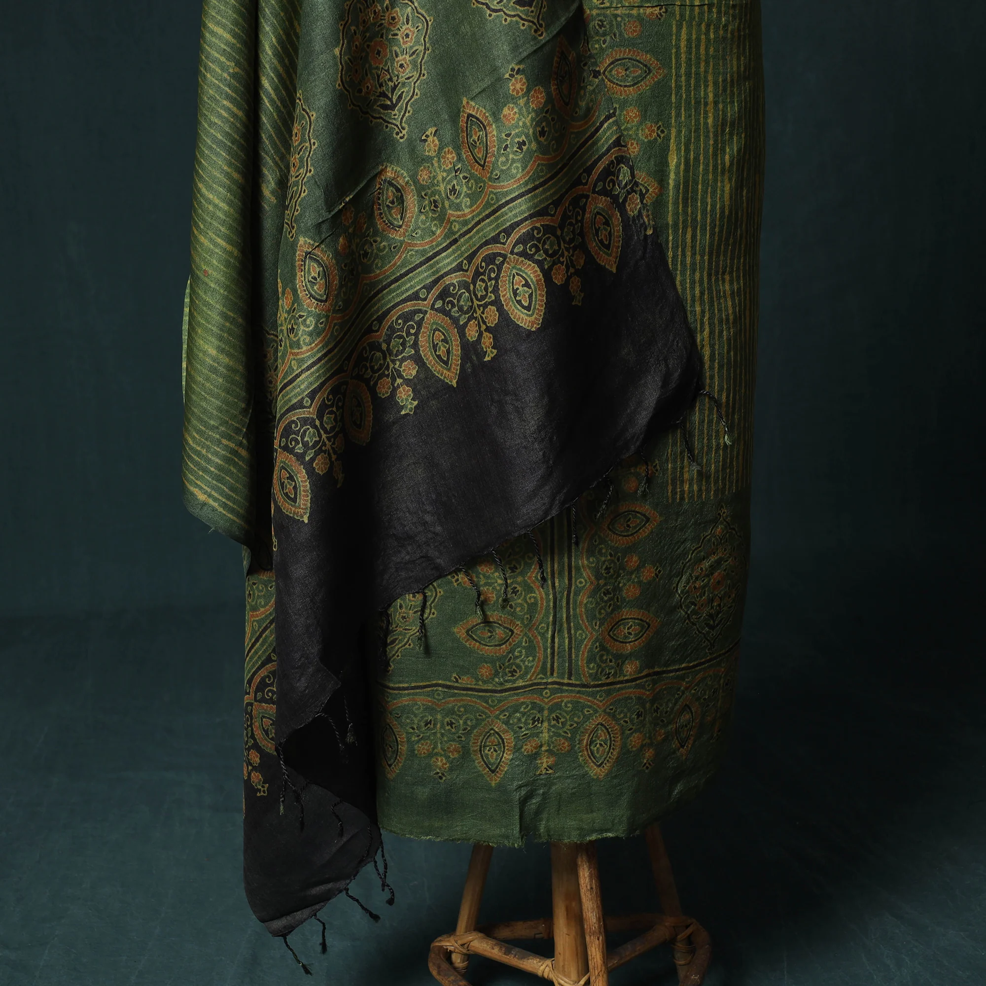 Green - 2pc Ajrakh Hand Block Print Handloom Tussar Silk Natural Dyed Unstitched Dress Material Kurta Set 13 - Image 4