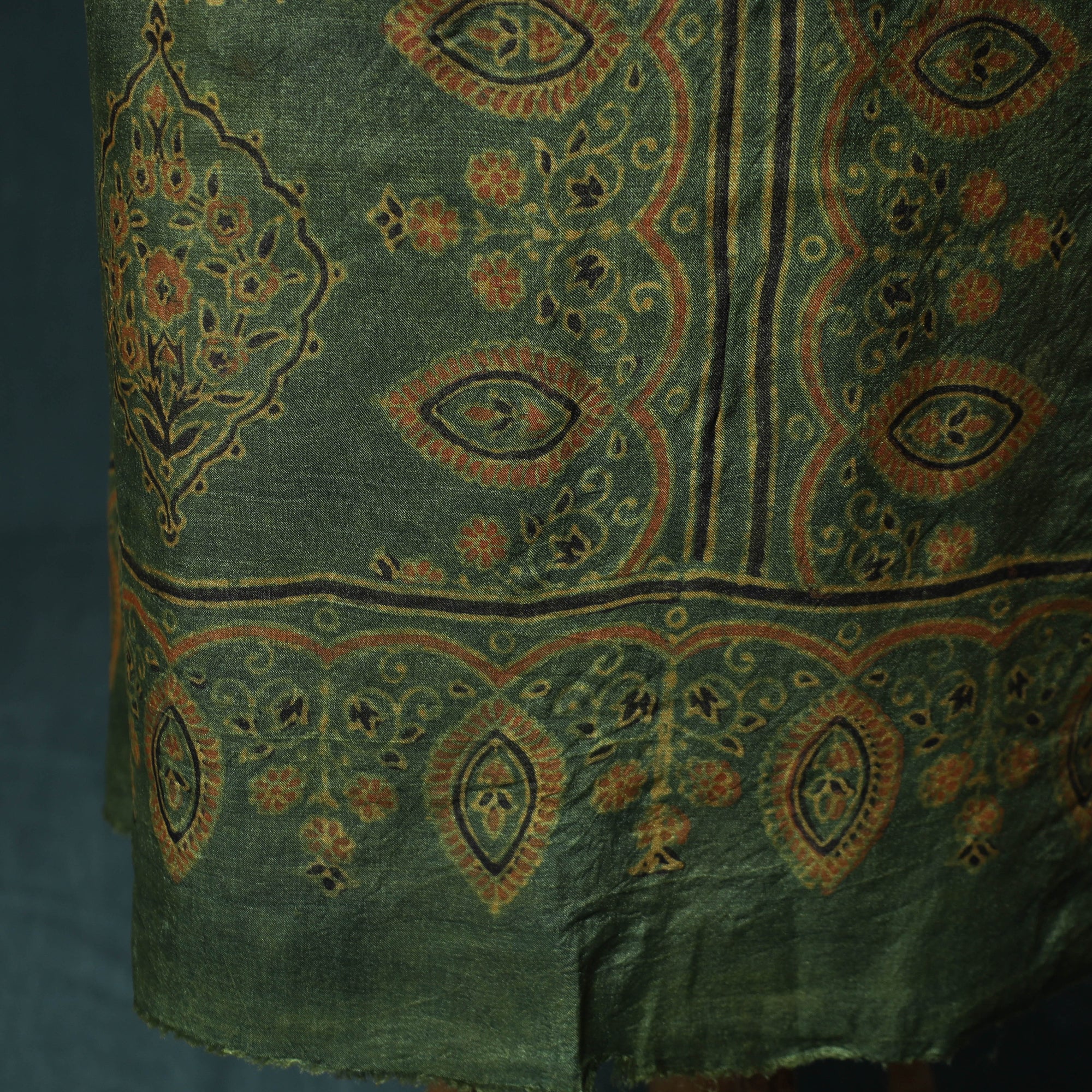 Green - 2pc Ajrakh Hand Block Print Handloom Tussar Silk Natural Dyed Unstitched Dress Material Kurta Set 13 - Image 5