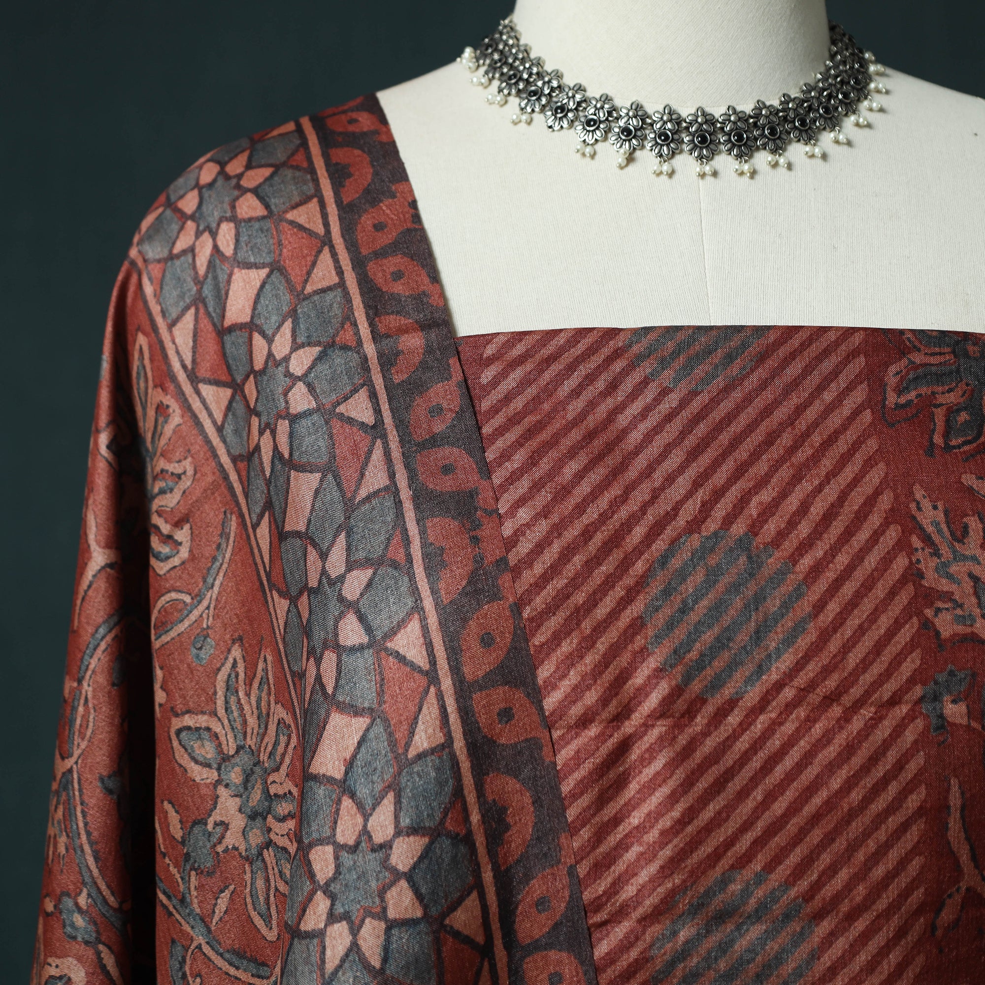 Red - 2pc Ajrakh Hand Block Print Handloom Tussar Silk Natural Dyed Unstitched Dress Material Kurta Set 15 - Image 3