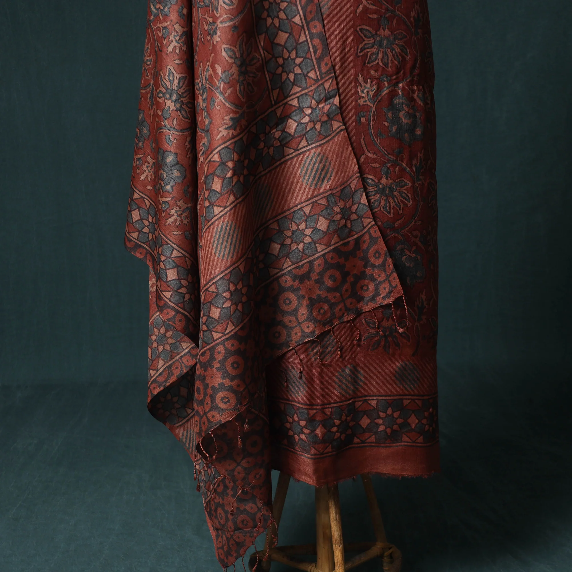 Red - 2pc Ajrakh Hand Block Print Handloom Tussar Silk Natural Dyed Unstitched Dress Material Kurta Set 15 - Image 4
