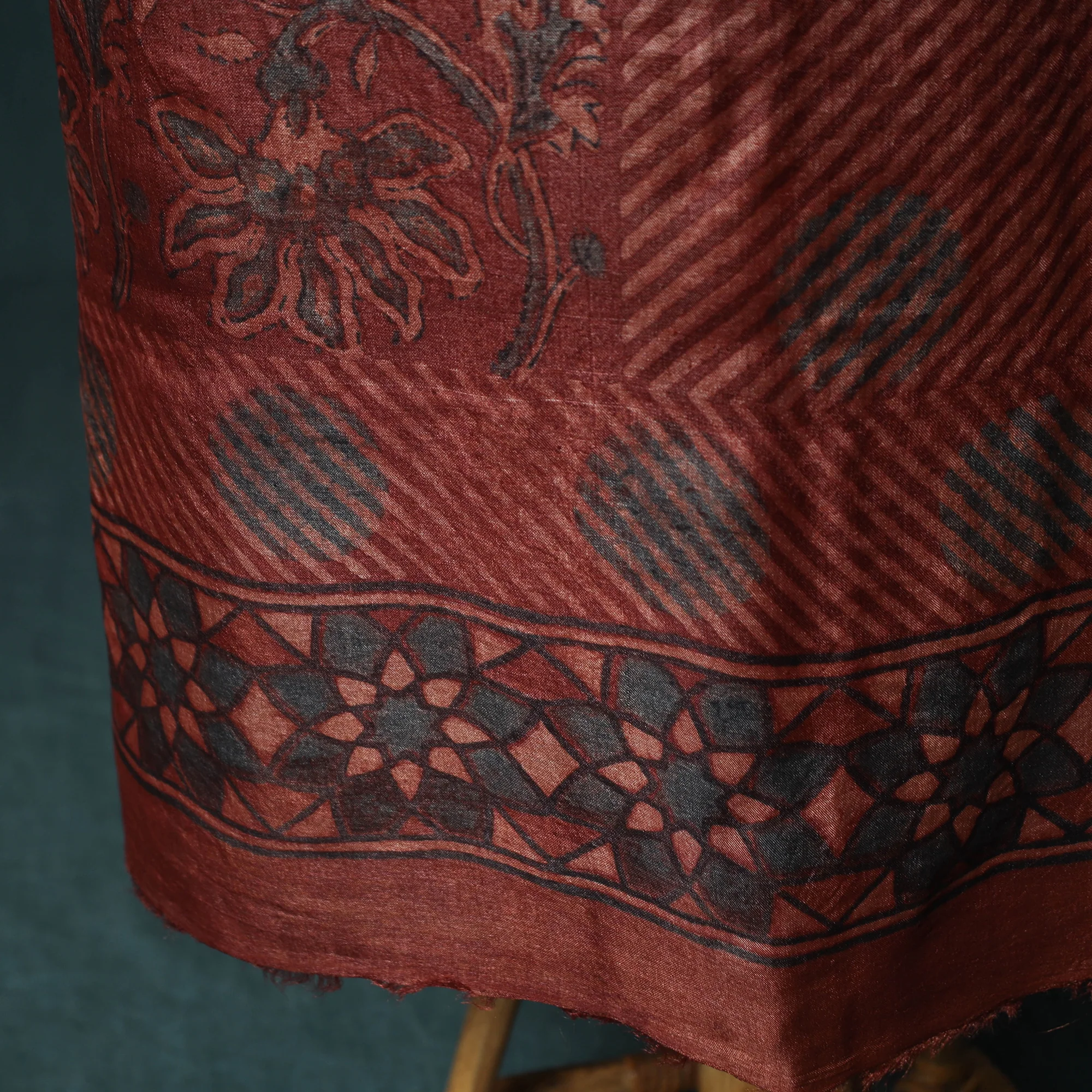 Red - 2pc Ajrakh Hand Block Print Handloom Tussar Silk Natural Dyed Unstitched Dress Material Kurta Set 15 - Image 5