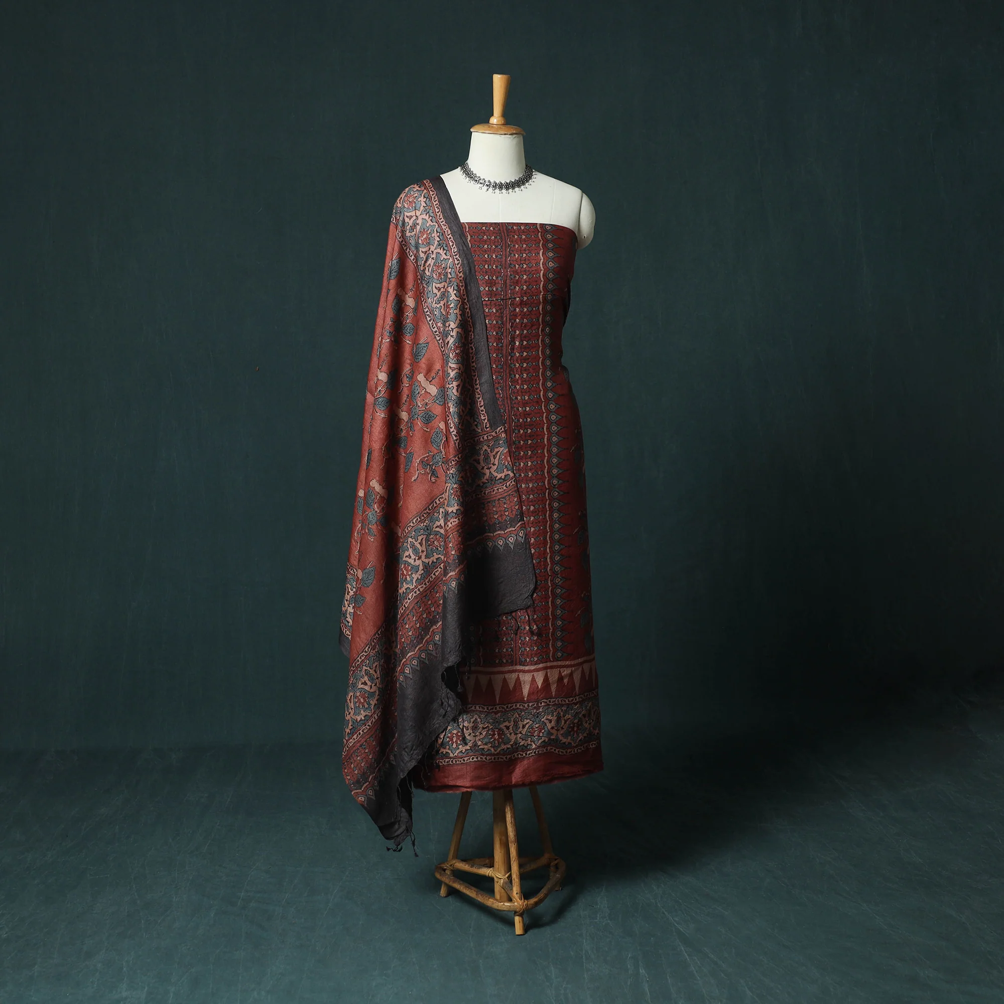 Red - 2pc Ajrakh Hand Block Print Handloom Tussar Silk Natural Dyed Unstitched Dress Material Kurta Set 16