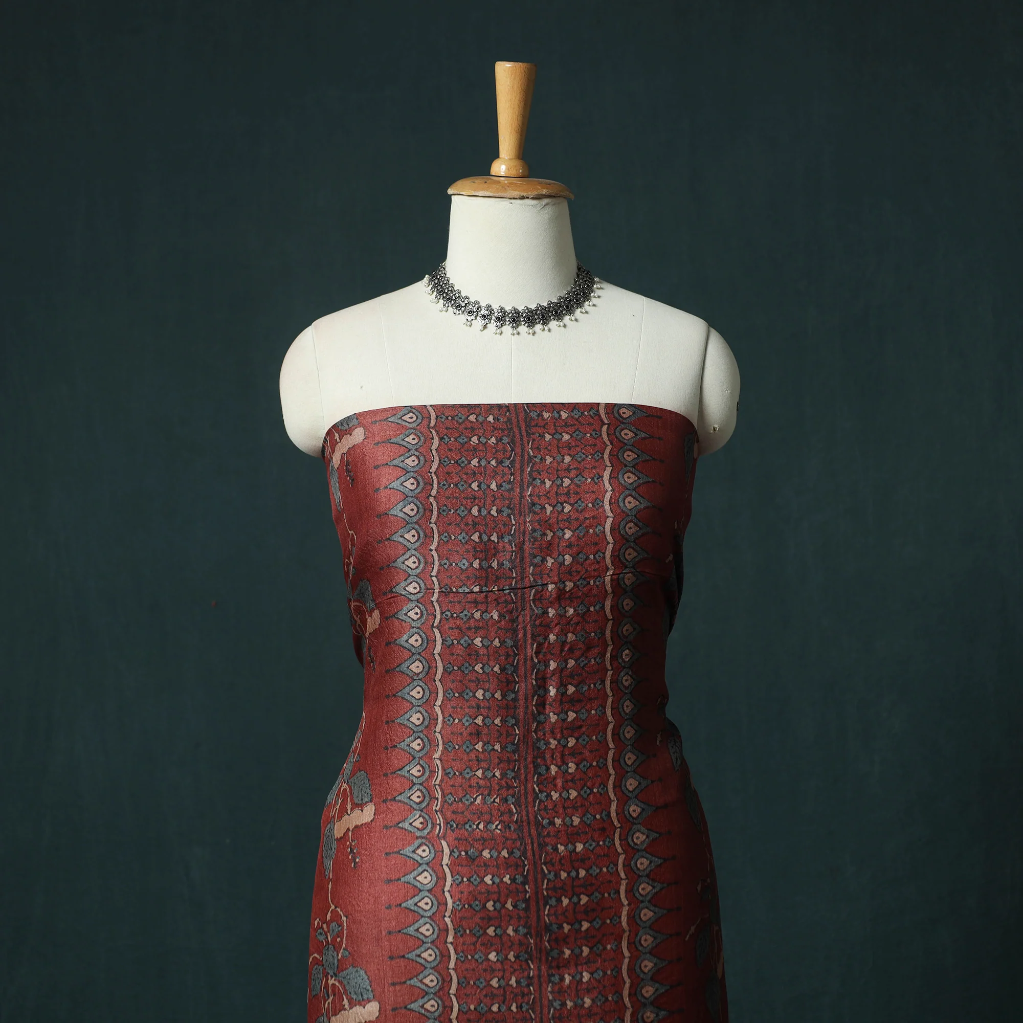 Red - 2pc Ajrakh Hand Block Print Handloom Tussar Silk Natural Dyed Unstitched Dress Material Kurta Set 16 - Image 2