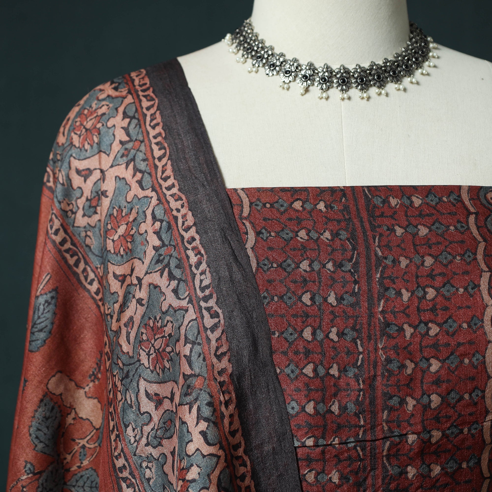 Red - 2pc Ajrakh Hand Block Print Handloom Tussar Silk Natural Dyed Unstitched Dress Material Kurta Set 16 - Image 3