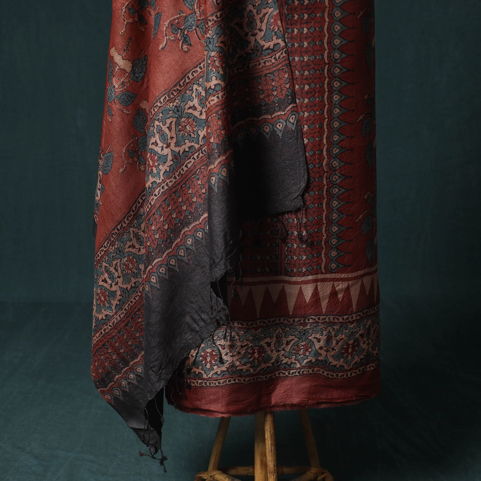 Red - 2pc Ajrakh Hand Block Print Handloom Tussar Silk Natural Dyed Unstitched Dress Material Kurta Set 16 - Image 4