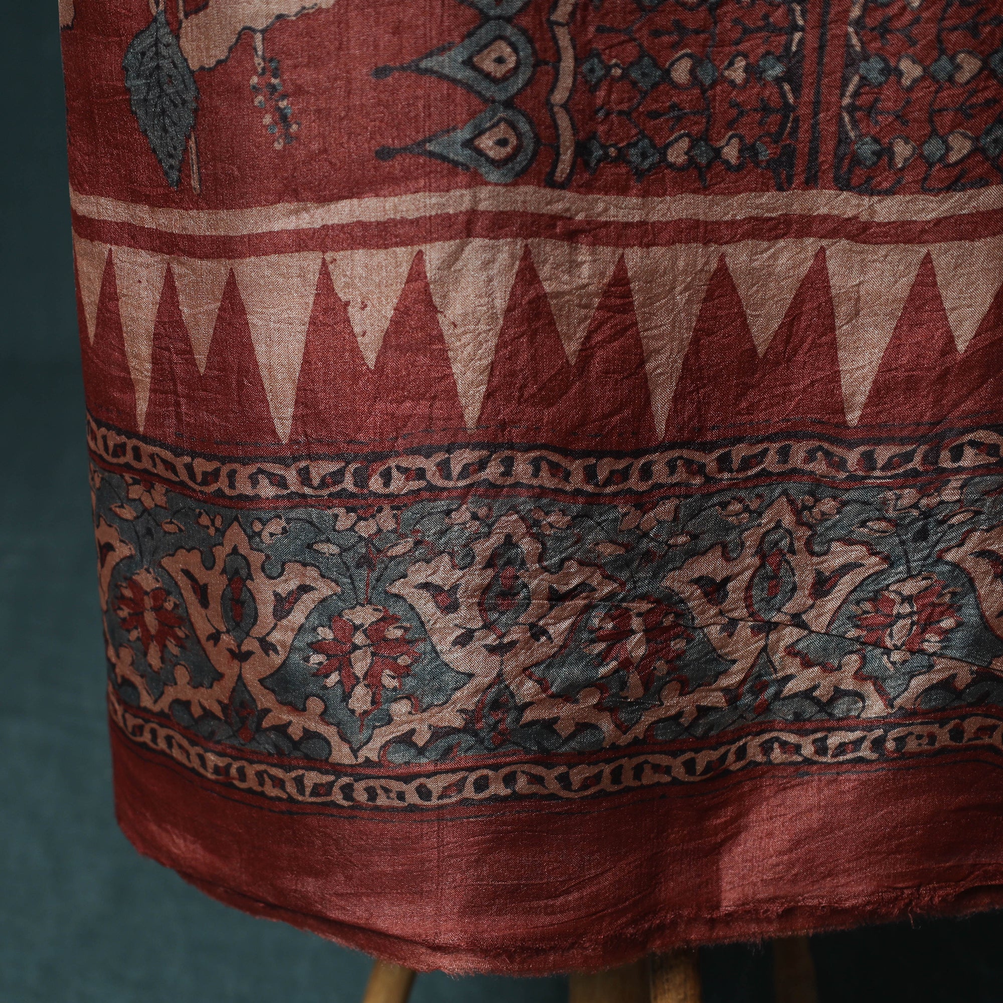 Red - 2pc Ajrakh Hand Block Print Handloom Tussar Silk Natural Dyed Unstitched Dress Material Kurta Set 16 - Image 5
