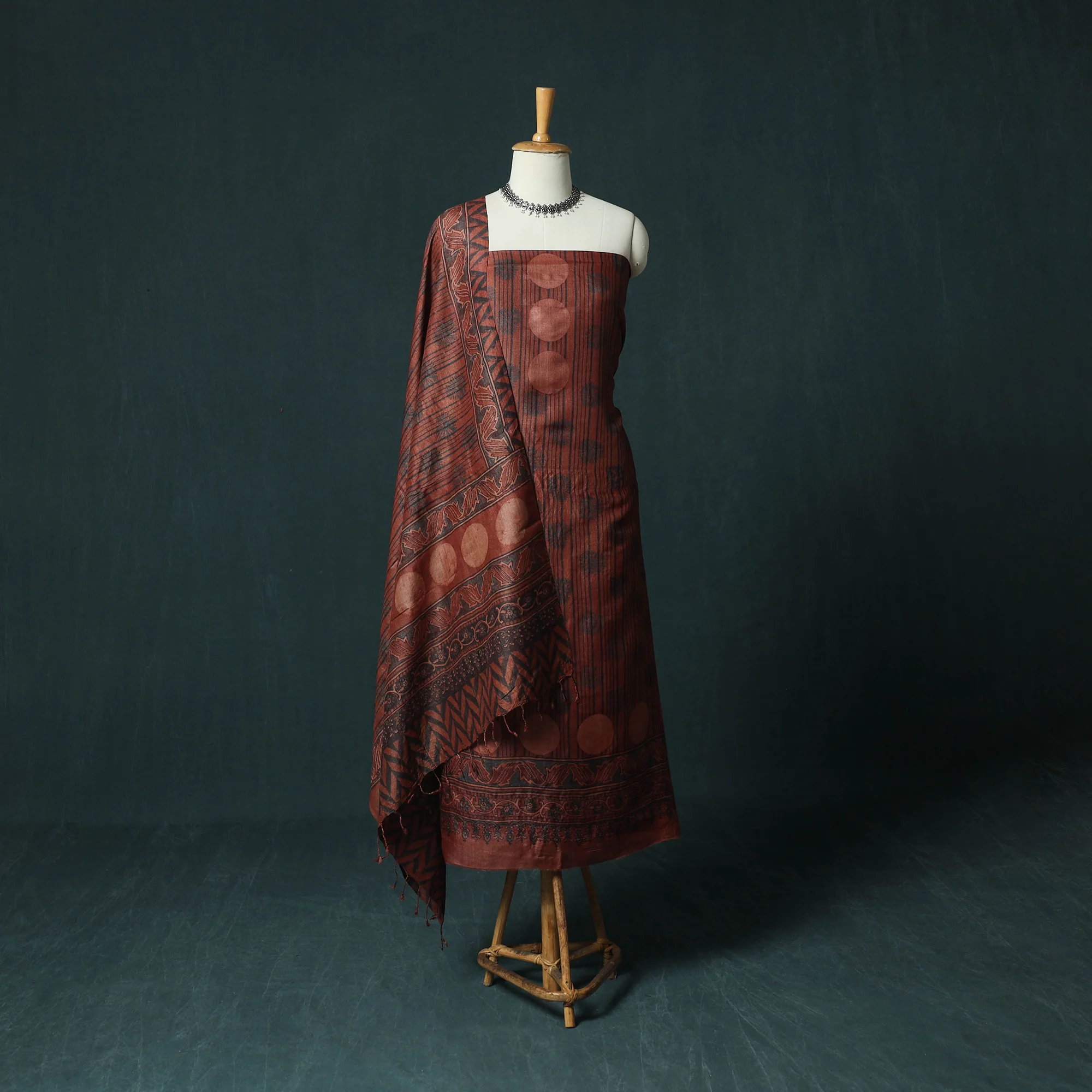 Red - 2pc Ajrakh Hand Block Print Handloom Tussar Silk Natural Dyed Unstitched Dress Material Kurta Set 17