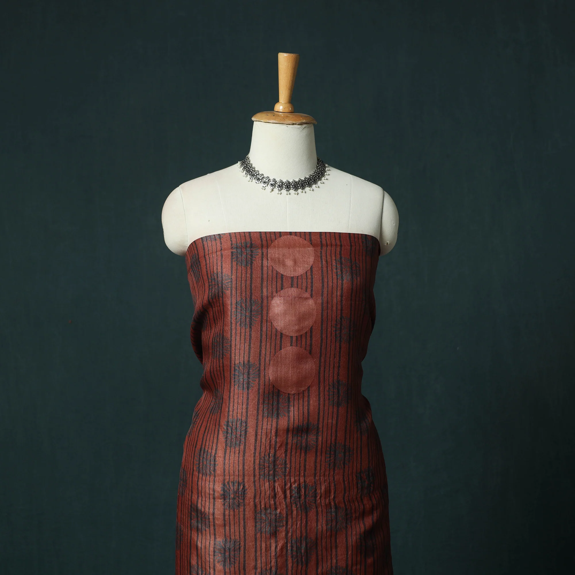 Red - 2pc Ajrakh Hand Block Print Handloom Tussar Silk Natural Dyed Unstitched Dress Material Kurta Set 17 - Image 2