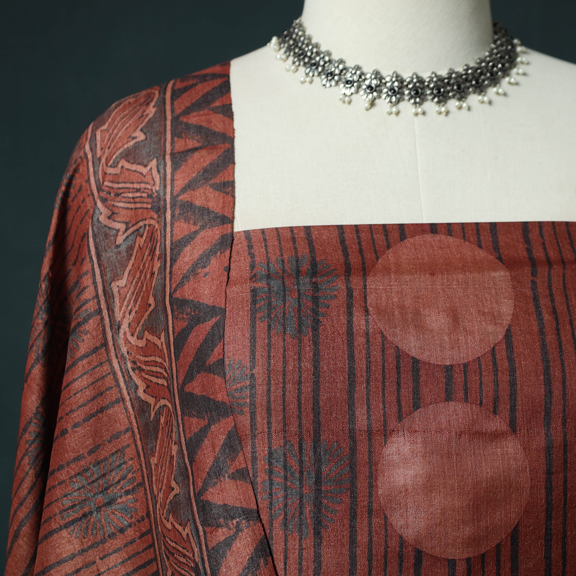 Red - 2pc Ajrakh Hand Block Print Handloom Tussar Silk Natural Dyed Unstitched Dress Material Kurta Set 17 - Image 3