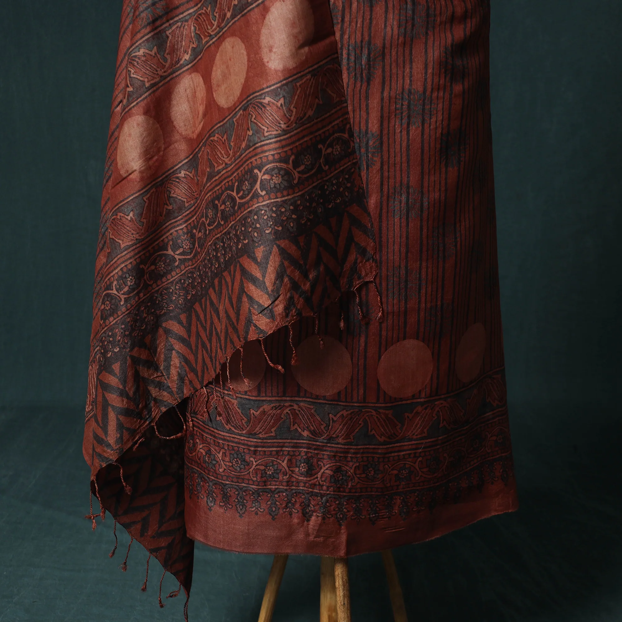 Red - 2pc Ajrakh Hand Block Print Handloom Tussar Silk Natural Dyed Unstitched Dress Material Kurta Set 17 - Image 4