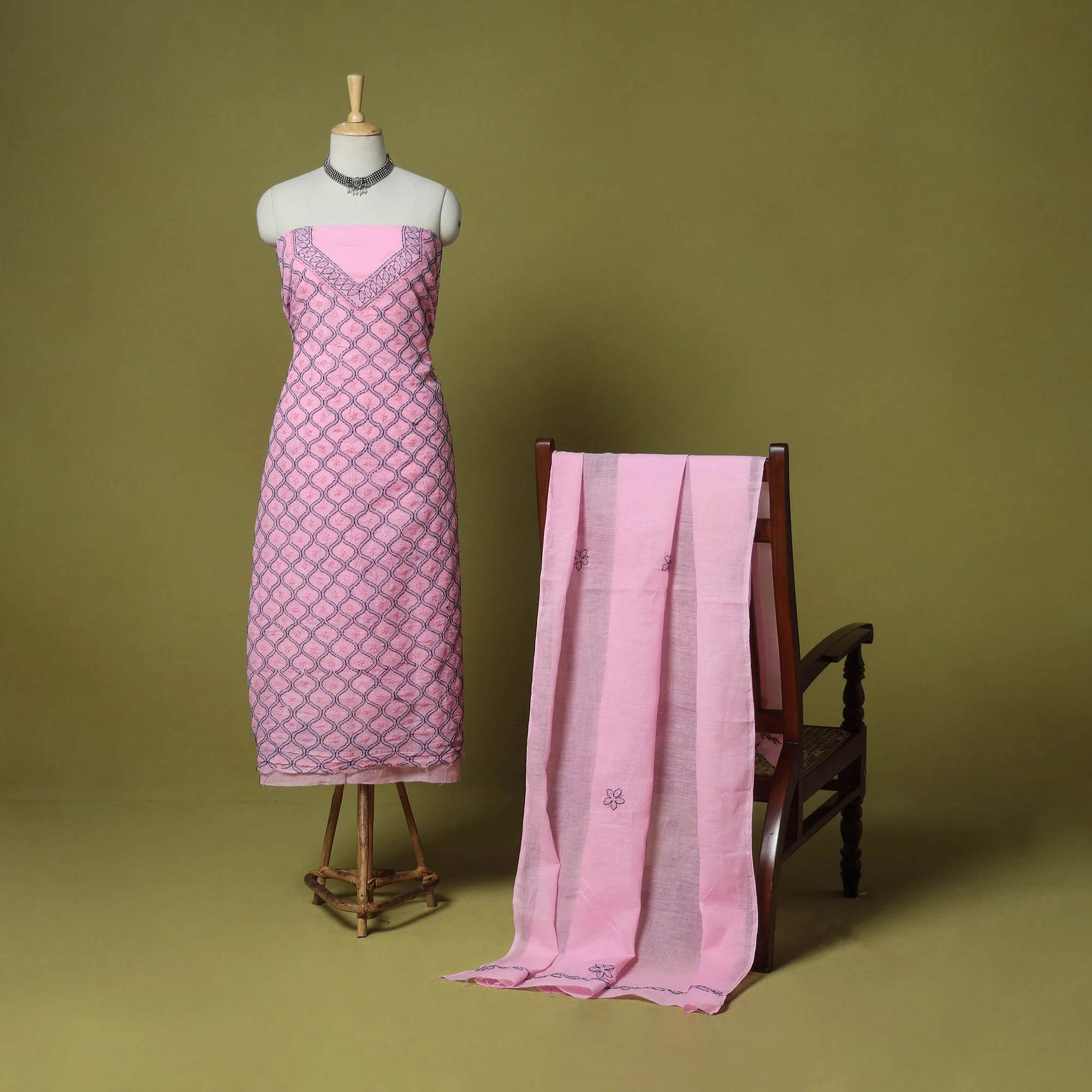 Pink - 3pc Hand Embroidery Cotton Lucknow Chikankari Dress Material 33