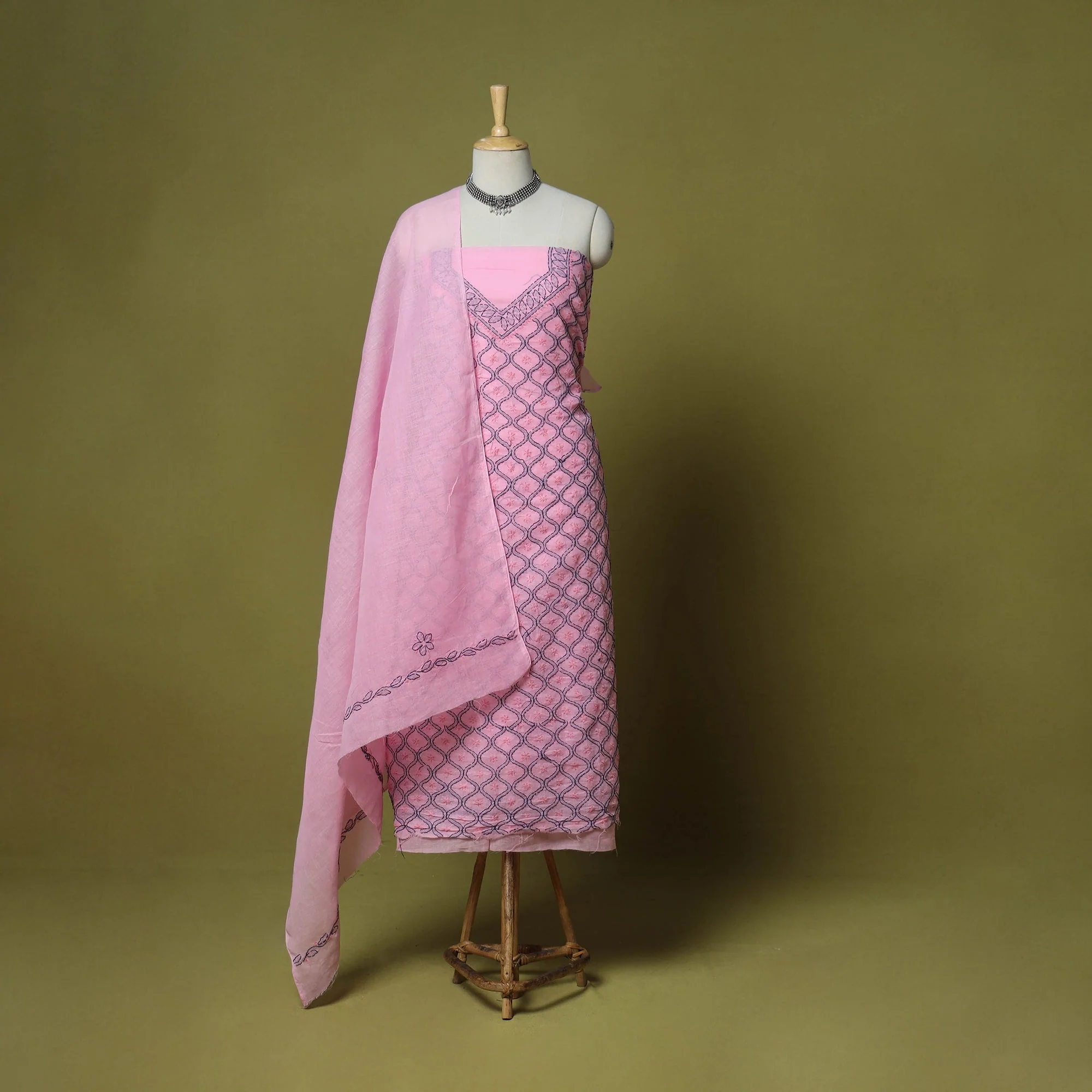 Pink - 3pc Hand Embroidery Cotton Lucknow Chikankari Dress Material 33 - Image 2