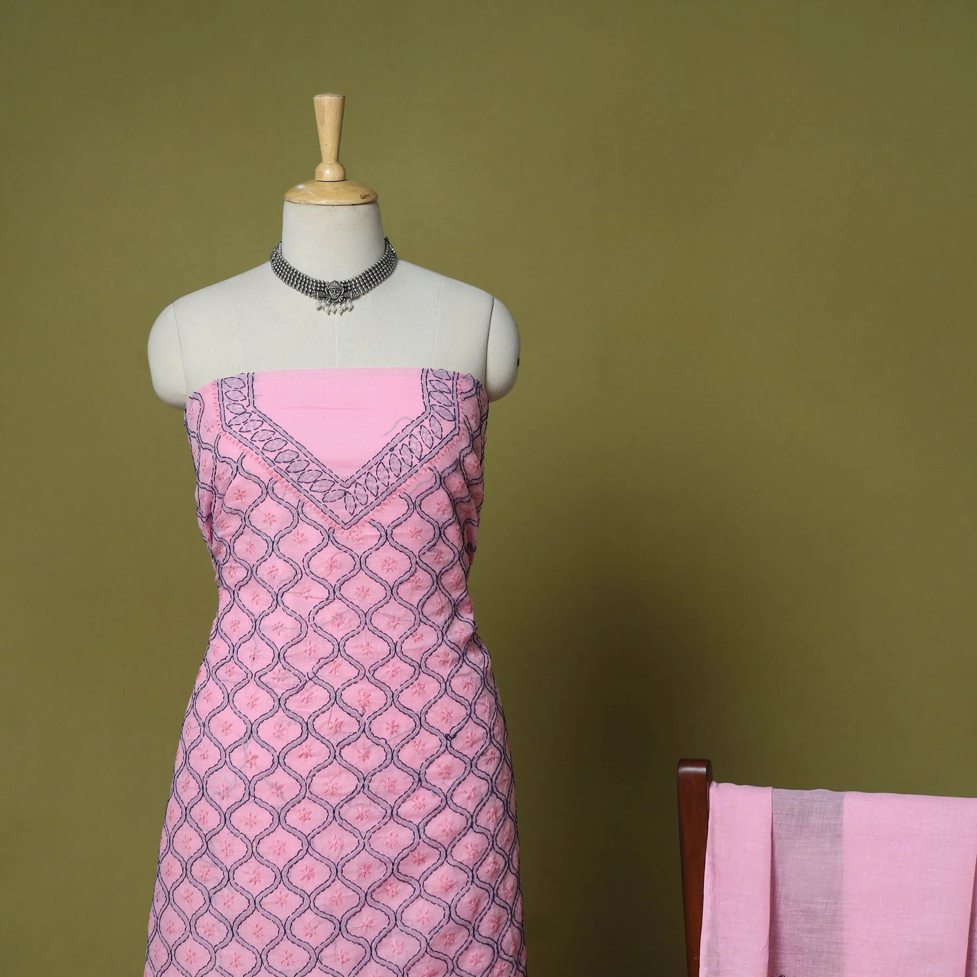 Pink - 3pc Hand Embroidery Cotton Lucknow Chikankari Dress Material 33 - Image 3