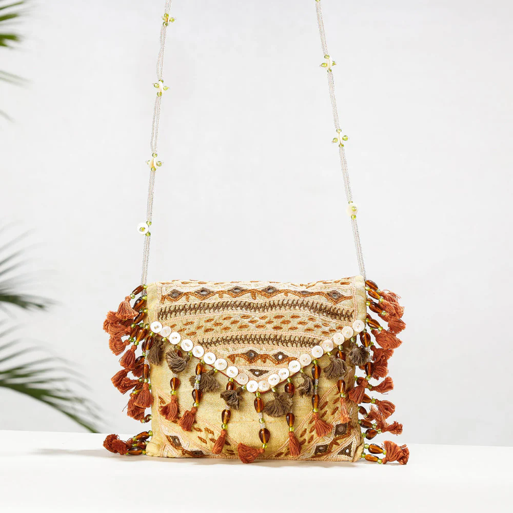 Beige - Kala Raksha Rabari Hand Embroidered Dupion Silk Sling Bag - Image 2