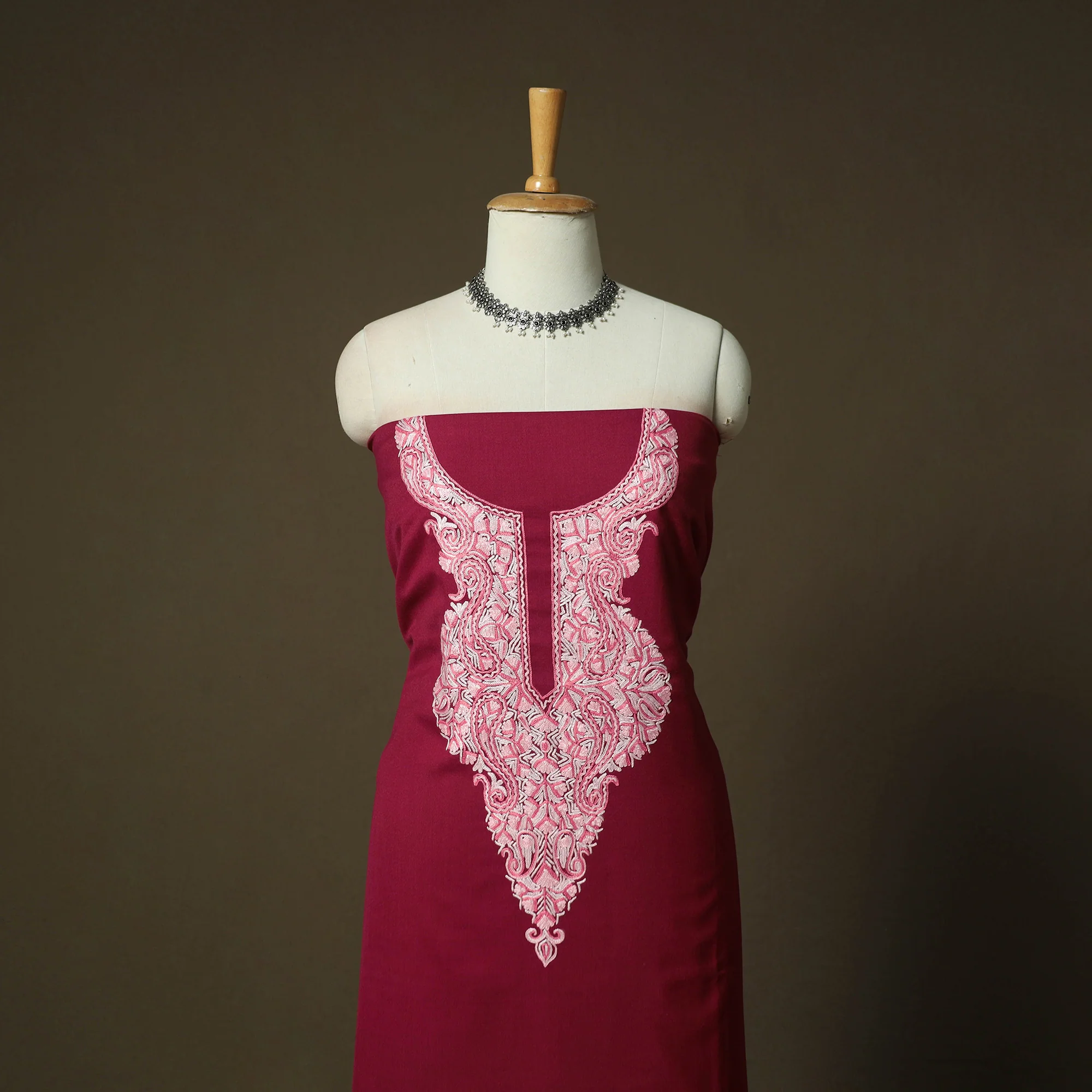 Maroon - Aari Hand Embroidery Cotton 2pc Unstitched Dress Material Kurta Set 02 - Image 2