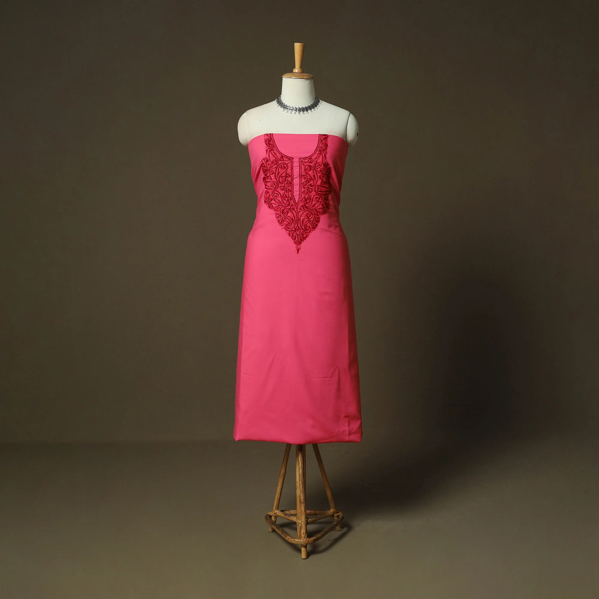 Pink - Aari Hand Embroidery Cotton 2pc Unstitched Dress Material Kurta Set 03