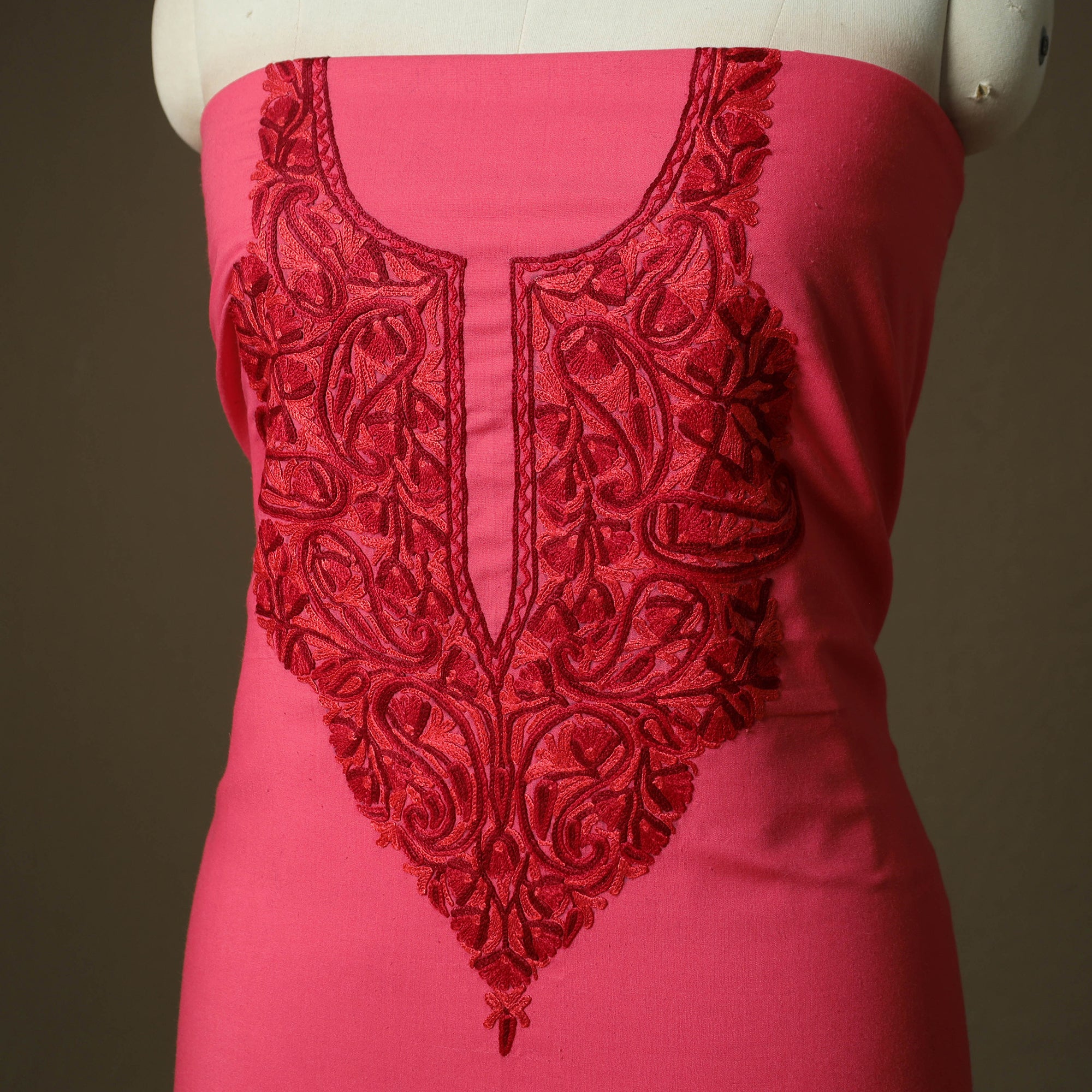 Pink - Aari Hand Embroidery Cotton 2pc Unstitched Dress Material Kurta Set 03 - Image 3
