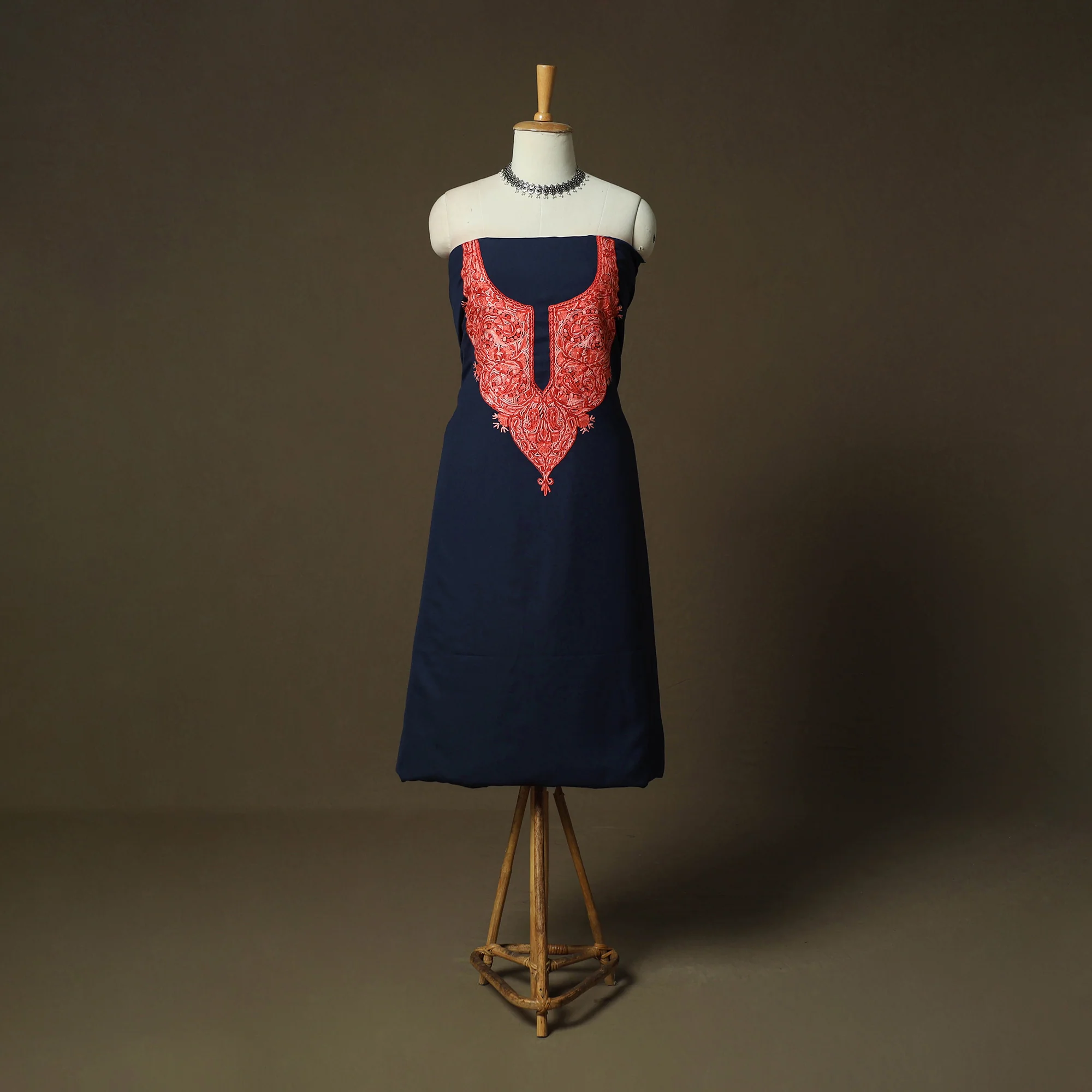 Blue - Aari Hand Embroidery Cotton 2pc Unstitched Dress Material Kurta Set 05