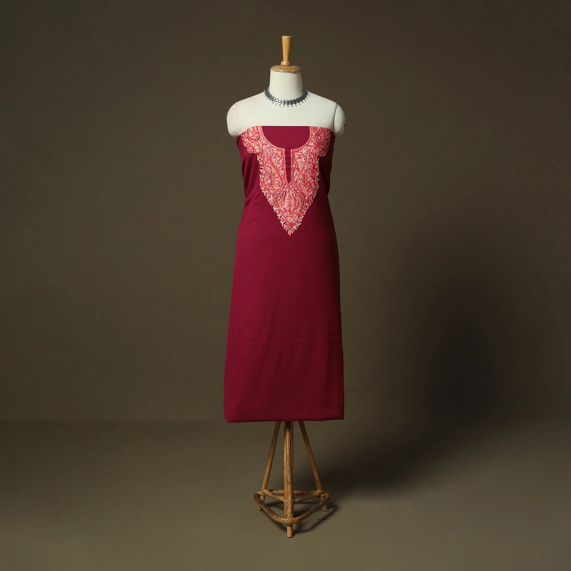 Maroon - Aari Hand Embroidery Cotton 2pc Unstitched Dress Material Kurta Set 06