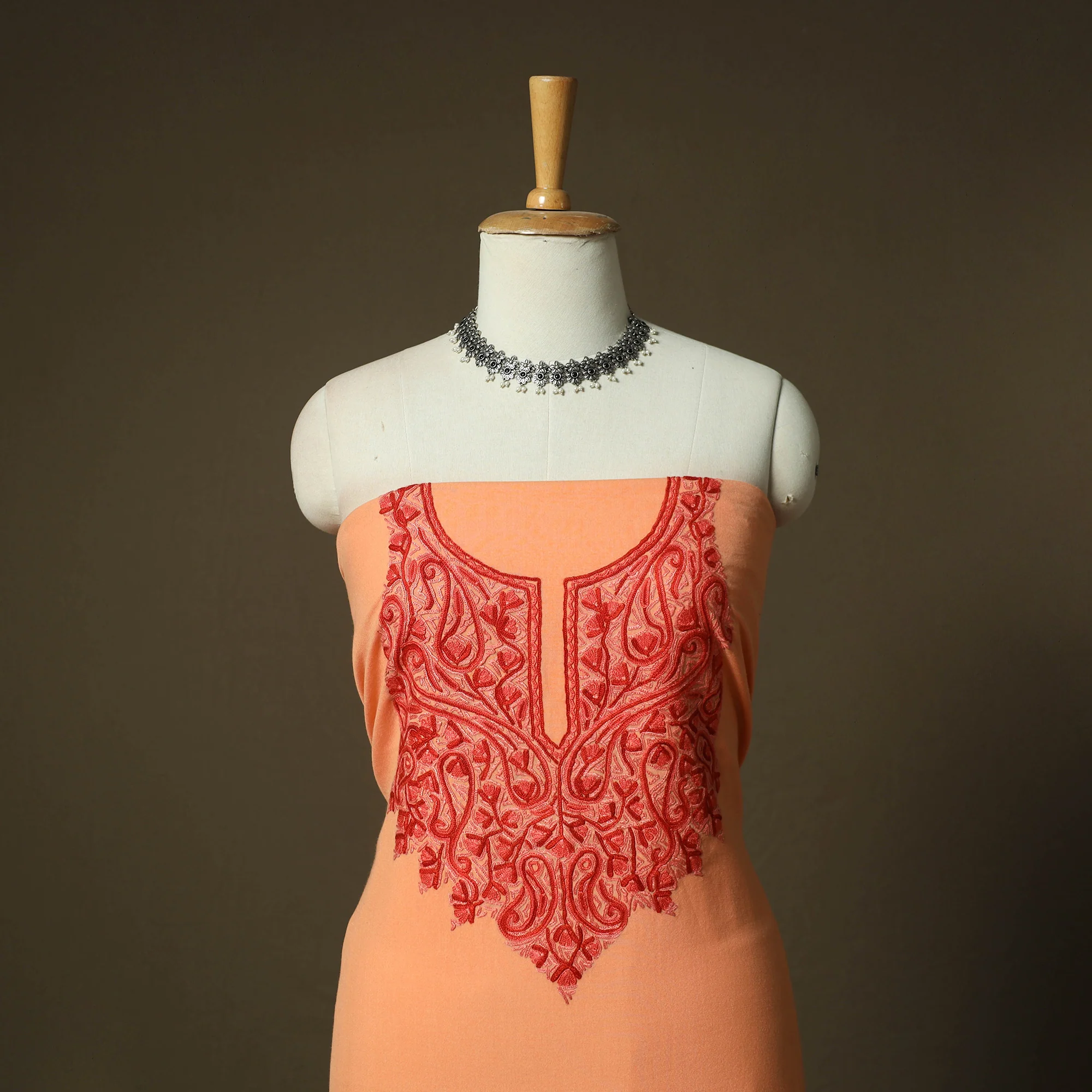 Peach - Aari Hand Embroidery Cotton 2pc Unstitched Dress Material Kurta Set 08 - Image 2