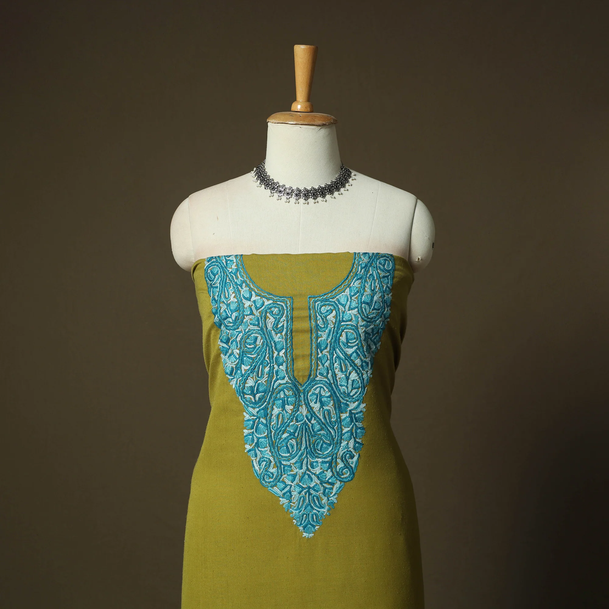 Green - Aari Hand Embroidery Cotton 2pc Unstitched Dress Material Kurta Set 09 - Image 2