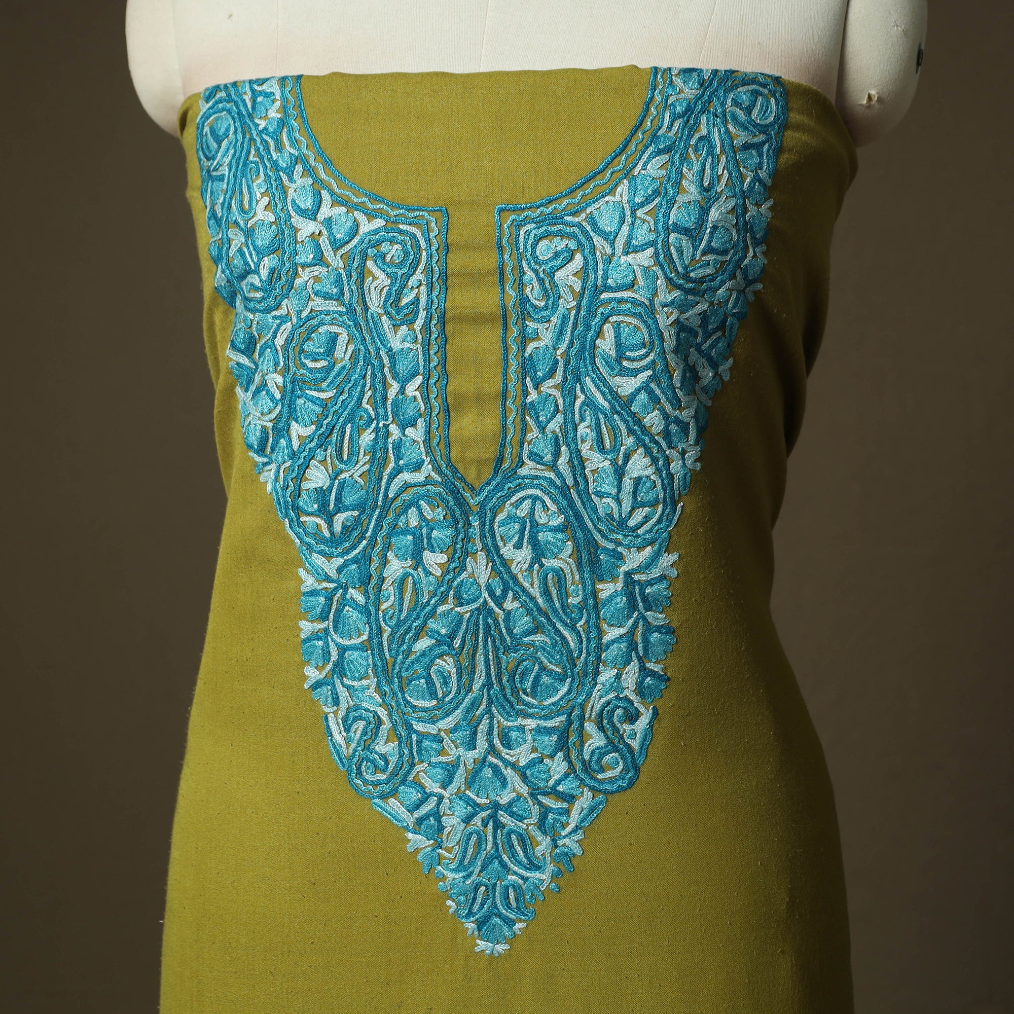 Green - Aari Hand Embroidery Cotton 2pc Unstitched Dress Material Kurta Set 09 - Image 3