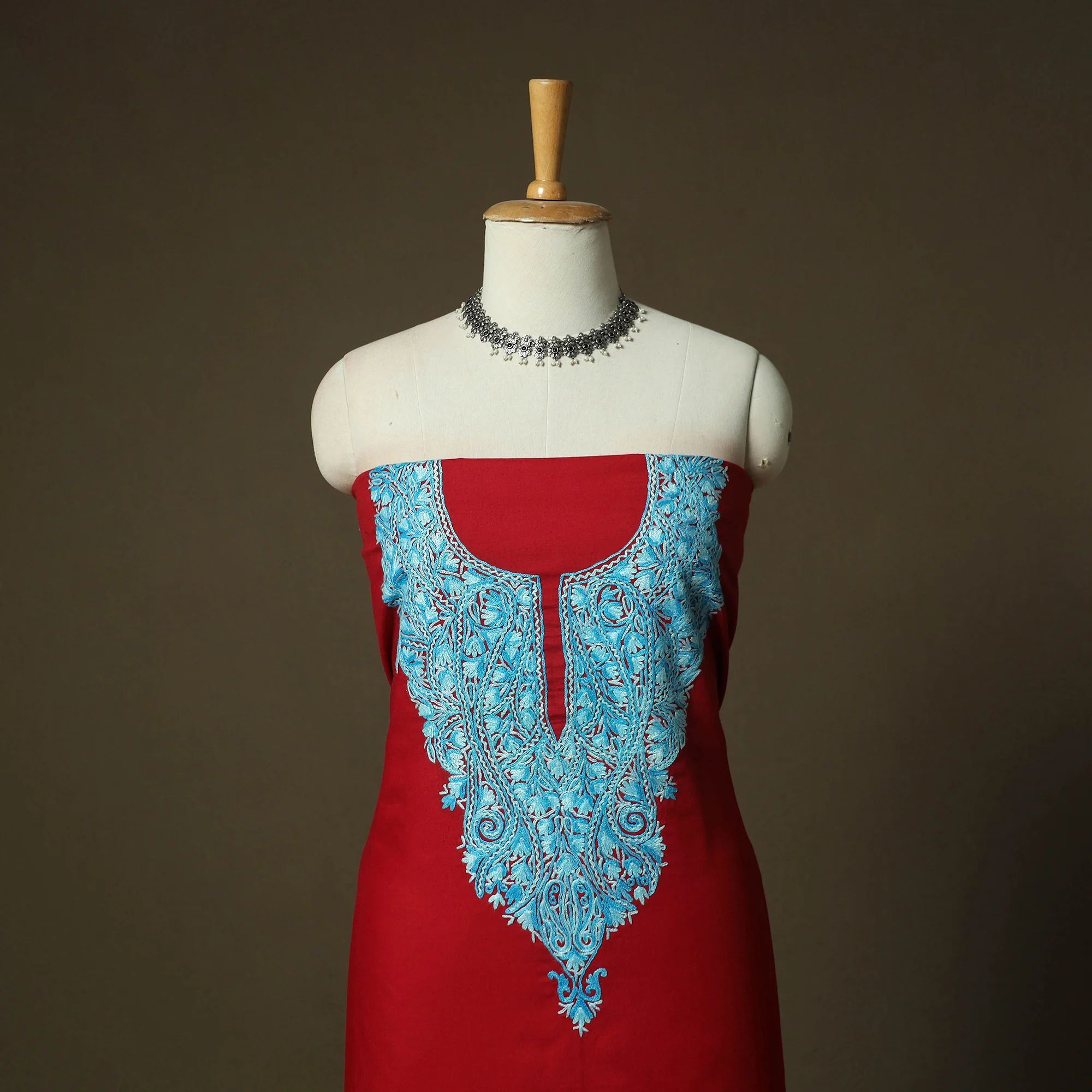 Red - Aari Hand Embroidery Cotton 2pc Unstitched Dress Material Kurta Set 11 - Image 2