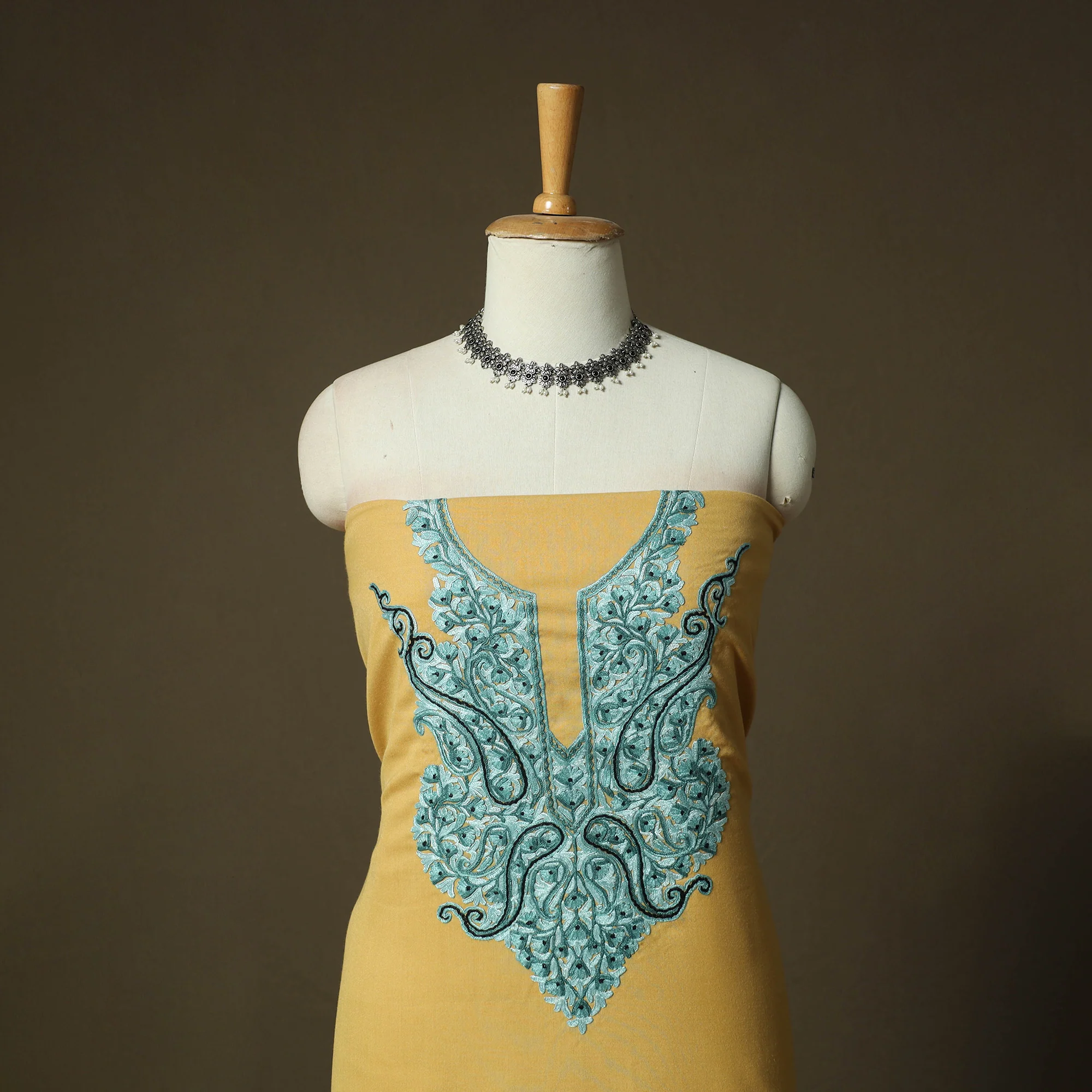 Yellow - Aari Hand Embroidery Cotton 2pc Unstitched Dress Material Kurta Set 12 - Image 2