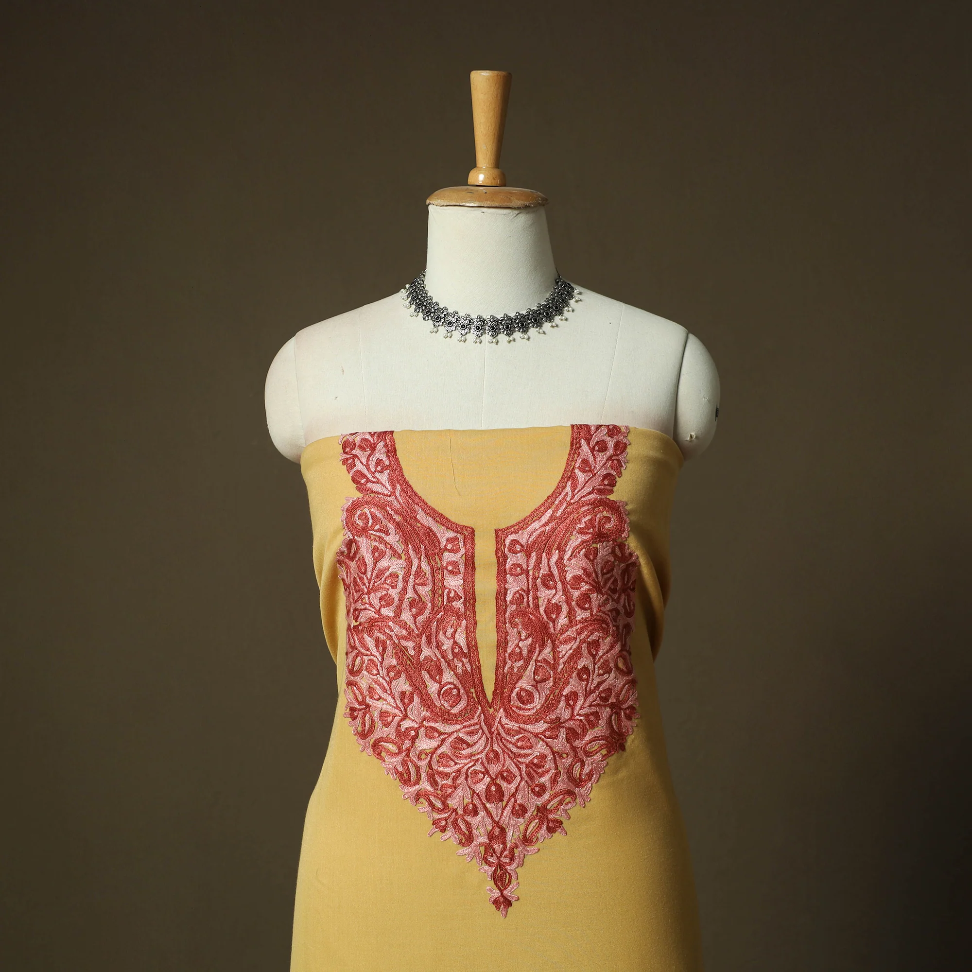 Yellow - Aari Hand Embroidery Cotton 2pc Unstitched Dress Material Kurta Set 13 - Image 2