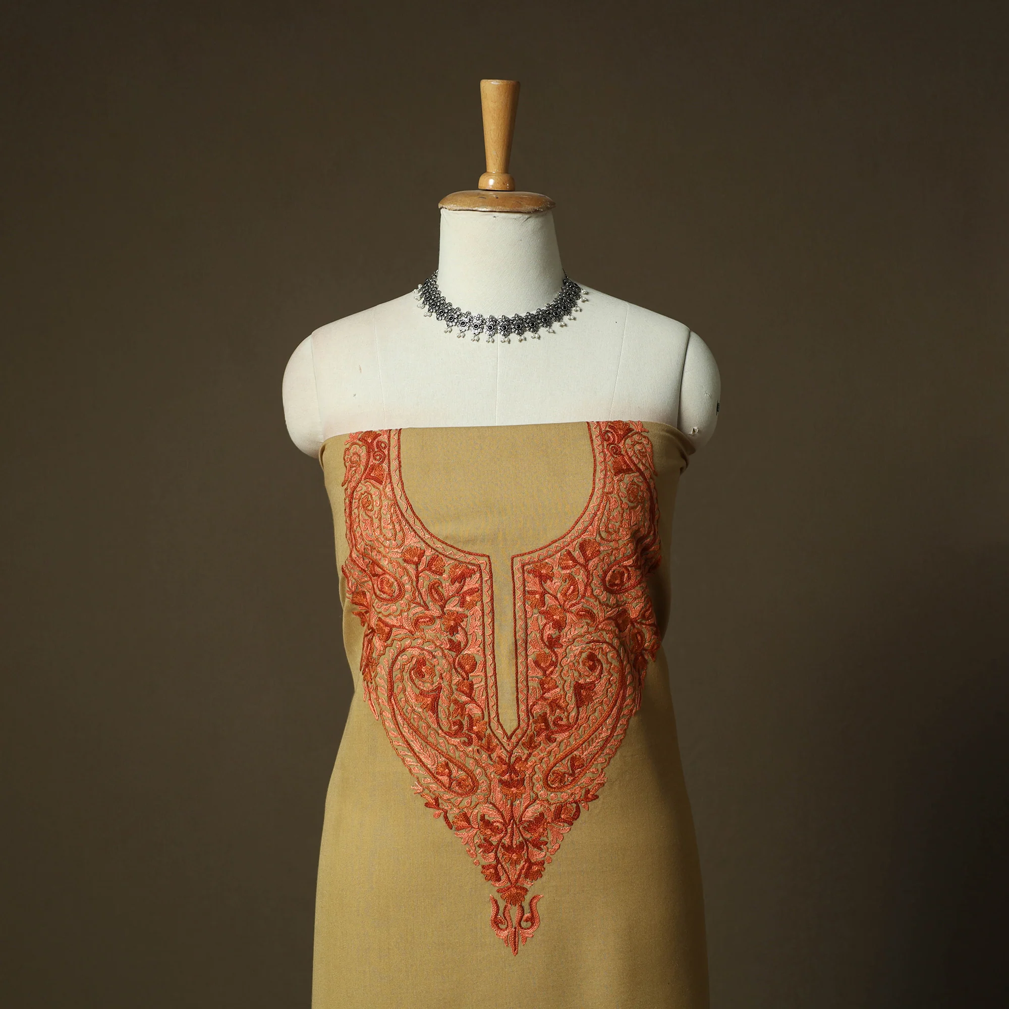Brown - Aari Hand Embroidery Cotton 2pc Unstitched Dress Material Kurta Set 14 - Image 2