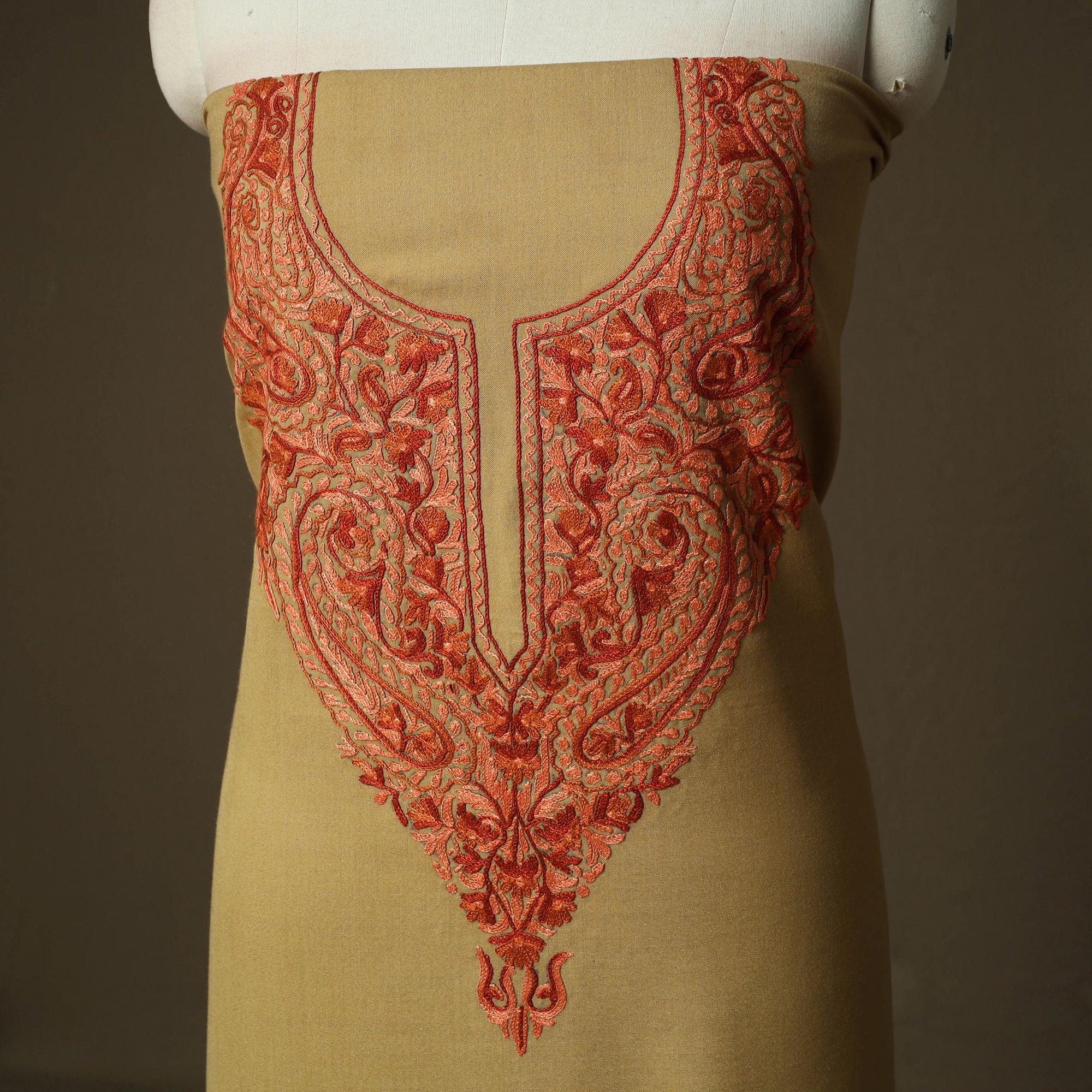 Brown - Aari Hand Embroidery Cotton 2pc Unstitched Dress Material Kurta Set 14 - Image 3