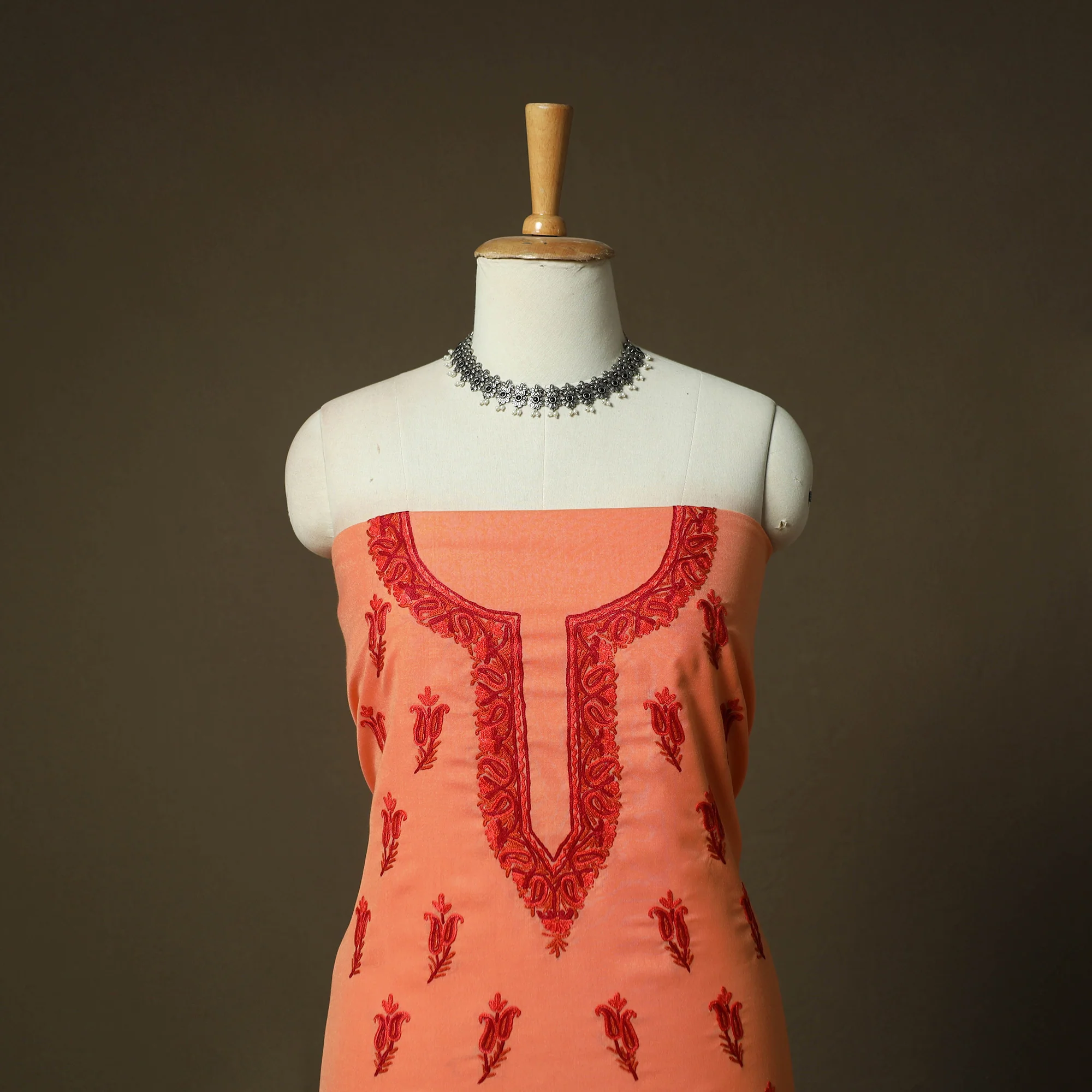 Peach - Aari Hand Embroidery Cotton 2pc Unstitched Dress Material Kurta Set 16 - Image 2