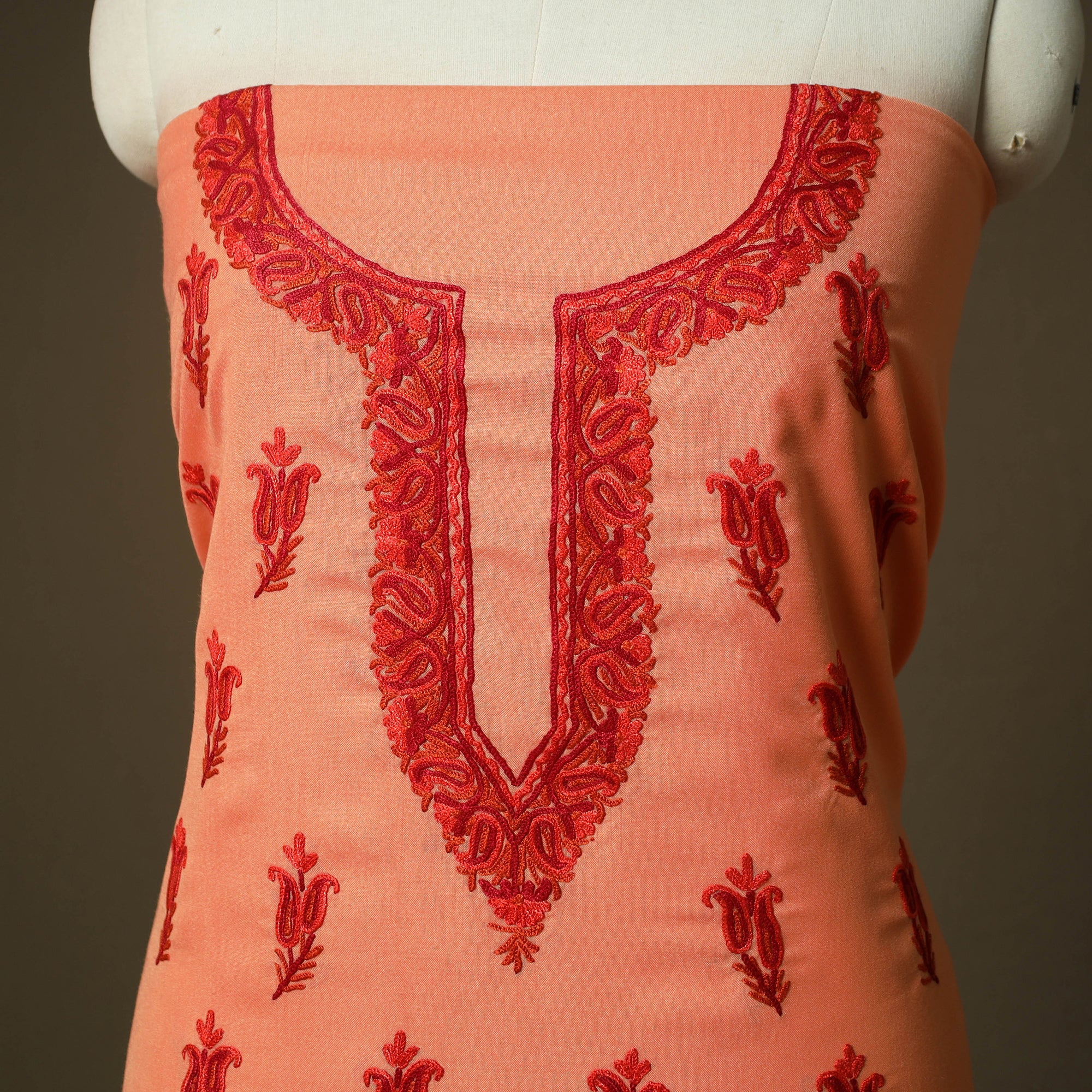 Peach - Aari Hand Embroidery Cotton 2pc Unstitched Dress Material Kurta Set 16 - Image 3