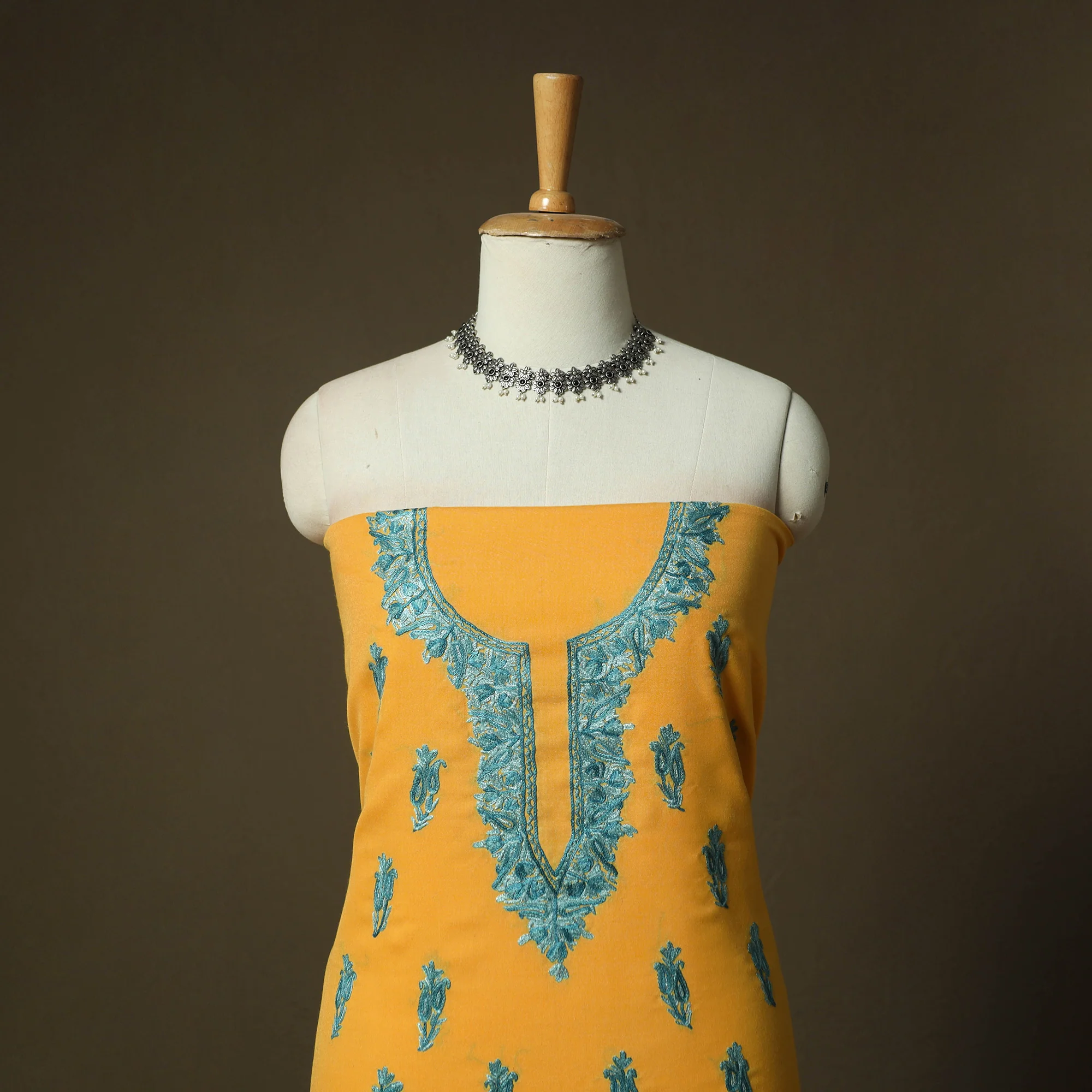 Yellow - Aari Hand Embroidery Cotton 2pc Unstitched Dress Material Kurta Set 17 - Image 2