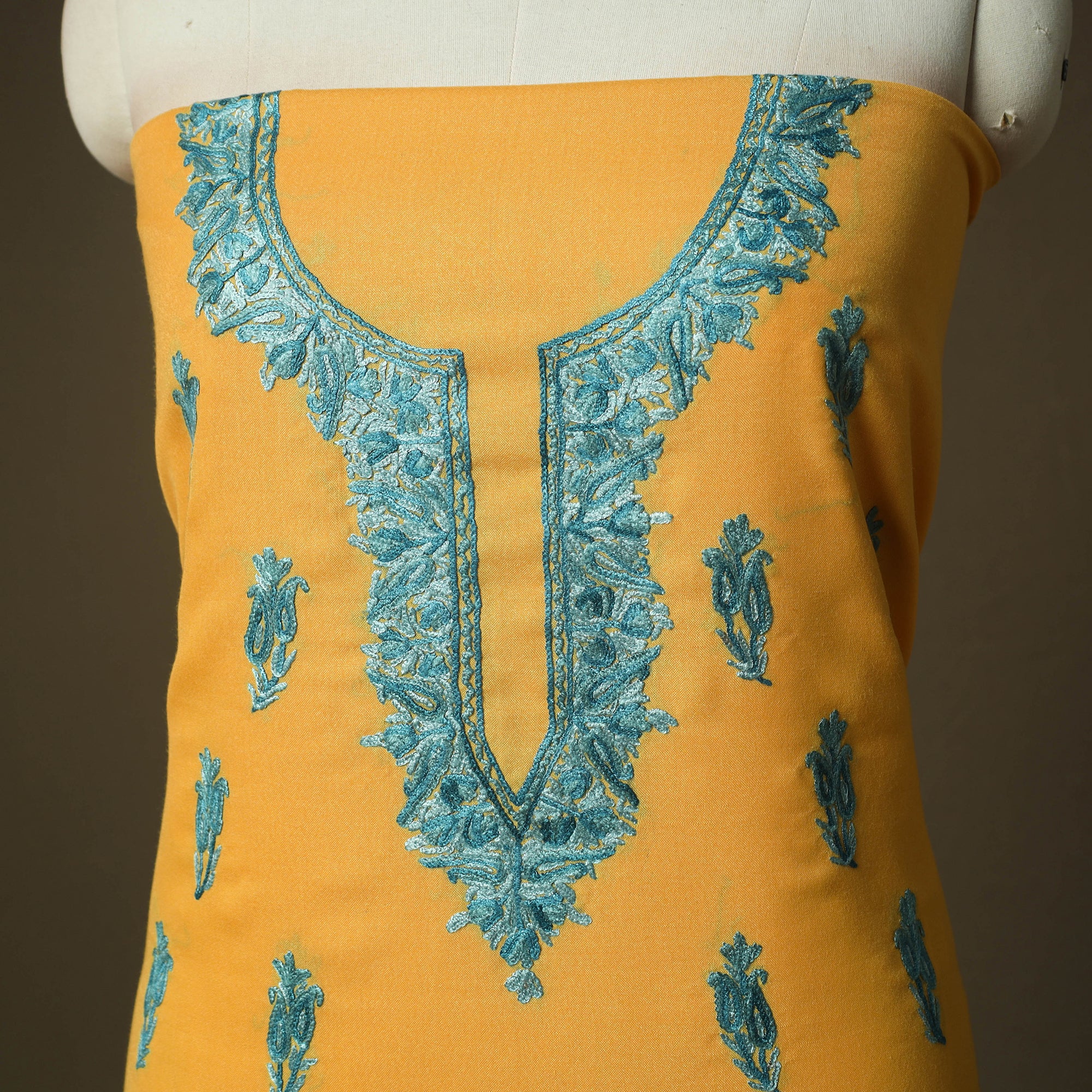 Yellow - Aari Hand Embroidery Cotton 2pc Unstitched Dress Material Kurta Set 17 - Image 3