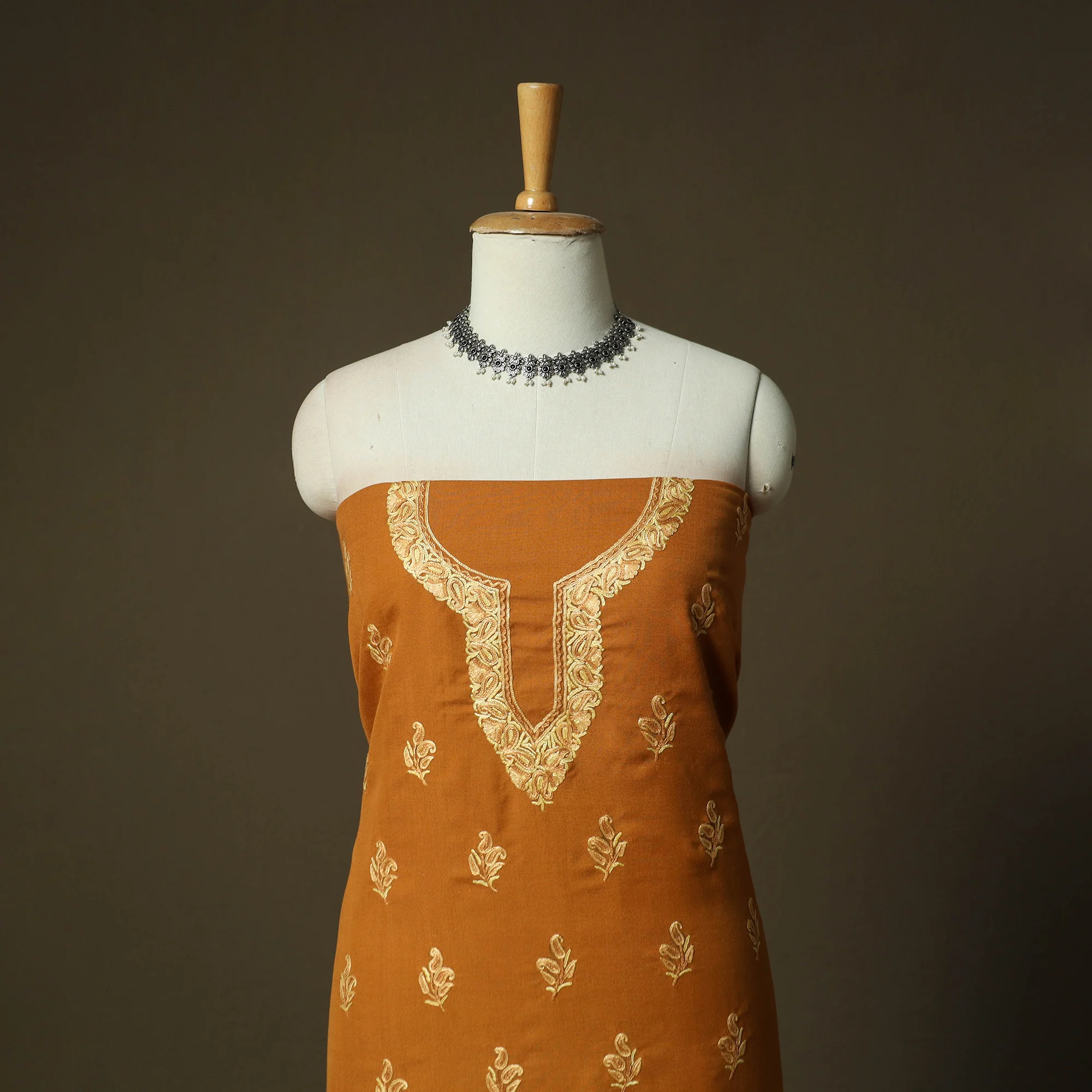 Orange - Aari Hand Embroidery Cotton 2pc Unstitched Dress Material Kurta Set 18 - Image 2