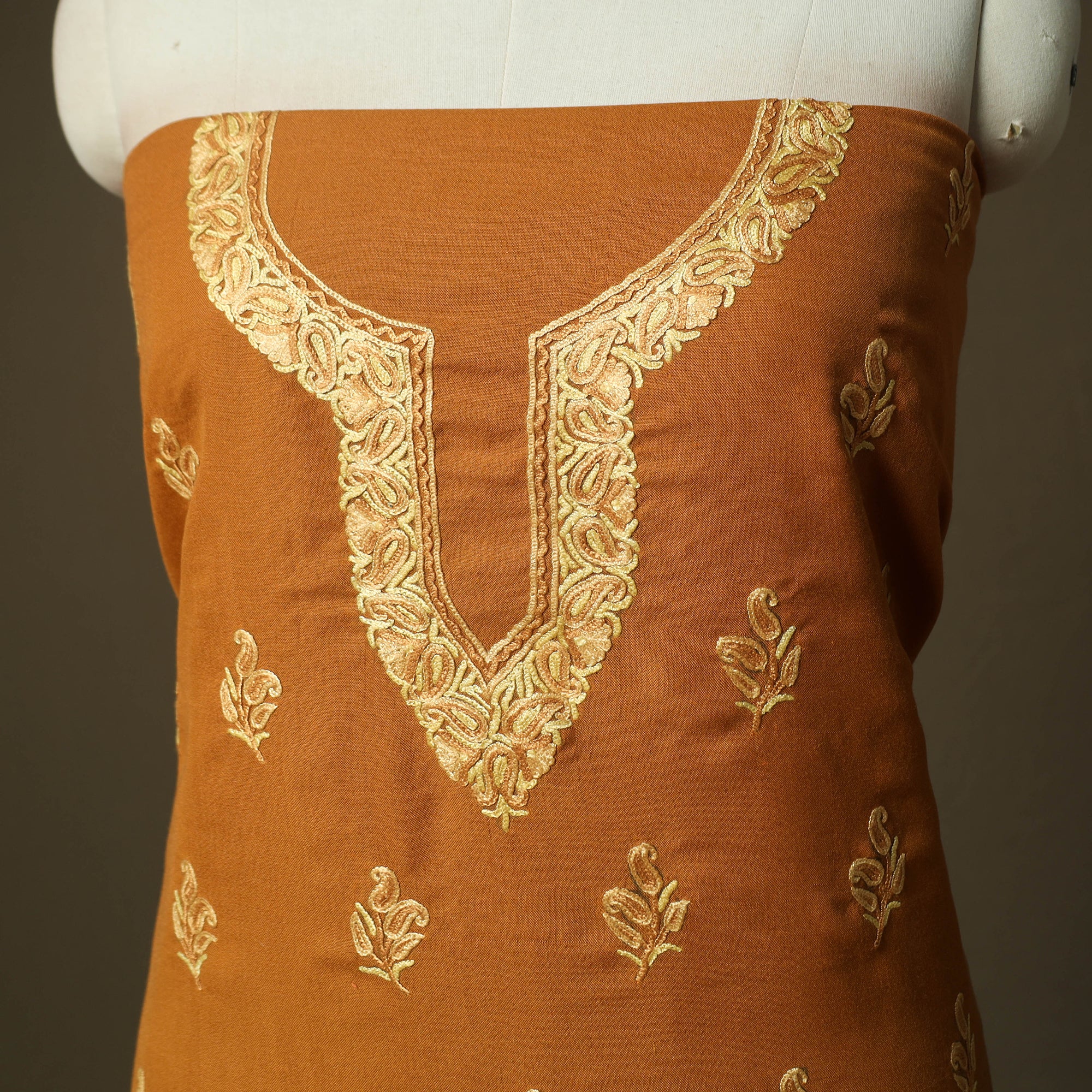 Orange - Aari Hand Embroidery Cotton 2pc Unstitched Dress Material Kurta Set 18 - Image 3