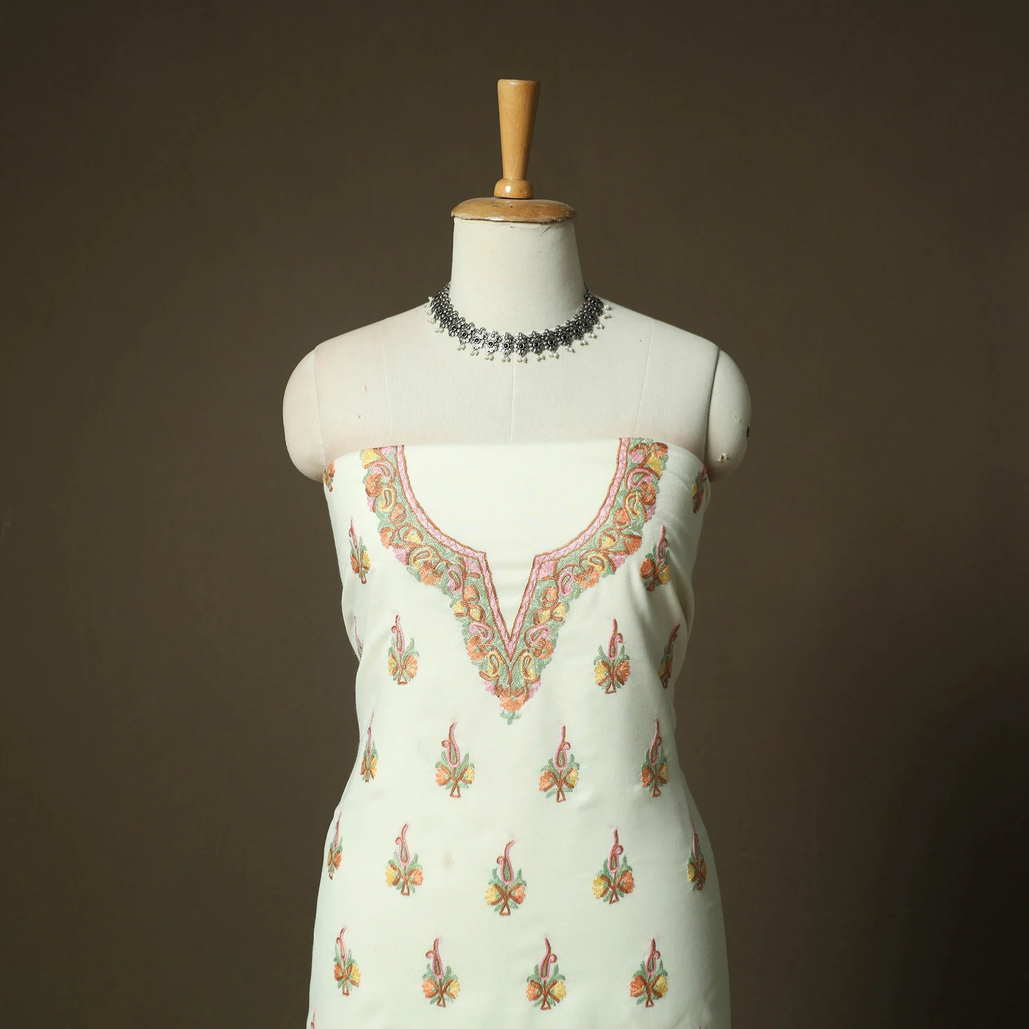 White - Aari Hand Embroidery Cotton 2pc Unstitched Dress Material Kurta Set 19 - Image 2