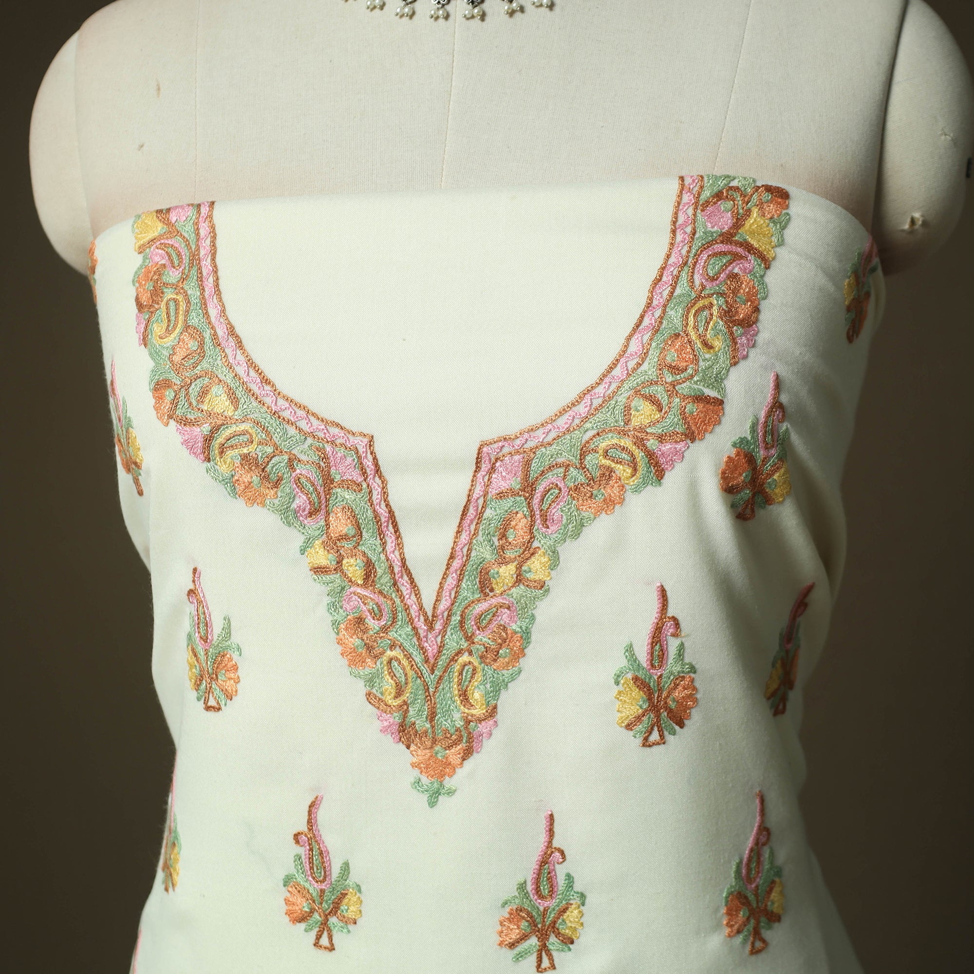 White - Aari Hand Embroidery Cotton 2pc Unstitched Dress Material Kurta Set 19 - Image 3