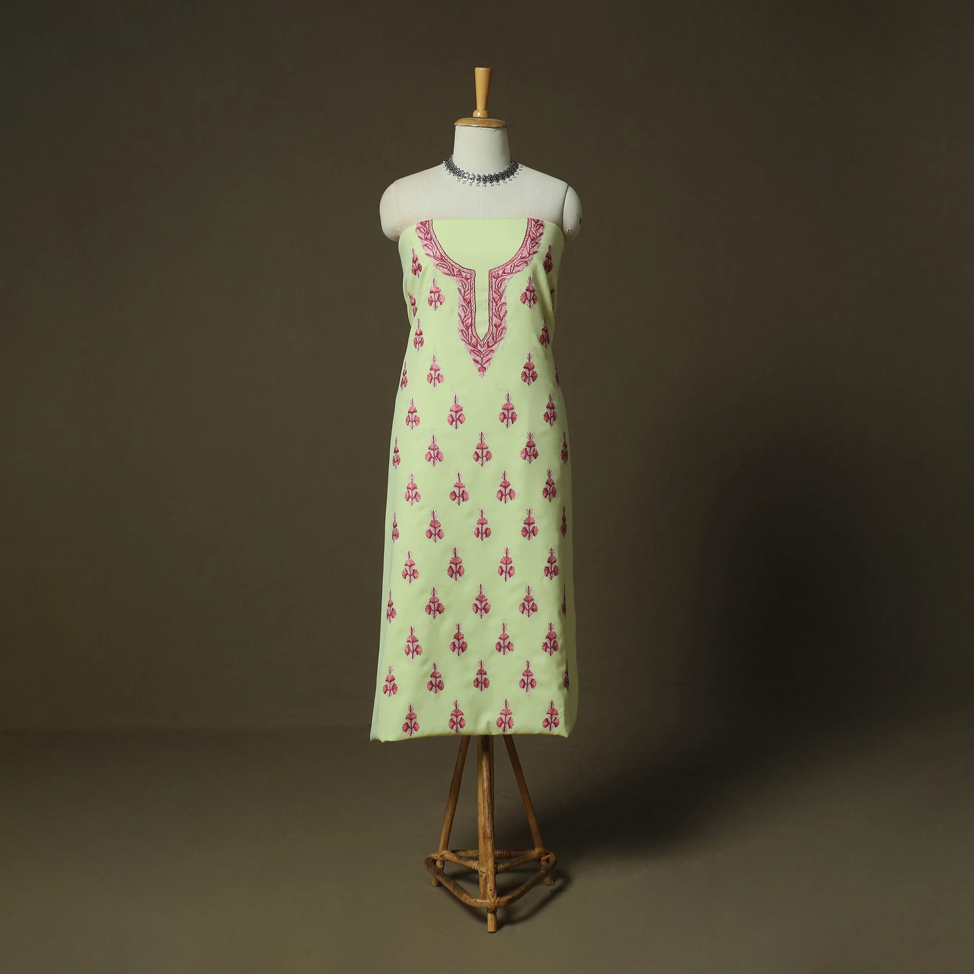Green - Aari Hand Embroidery Cotton 2pc Unstitched Dress Material Kurta Set 20