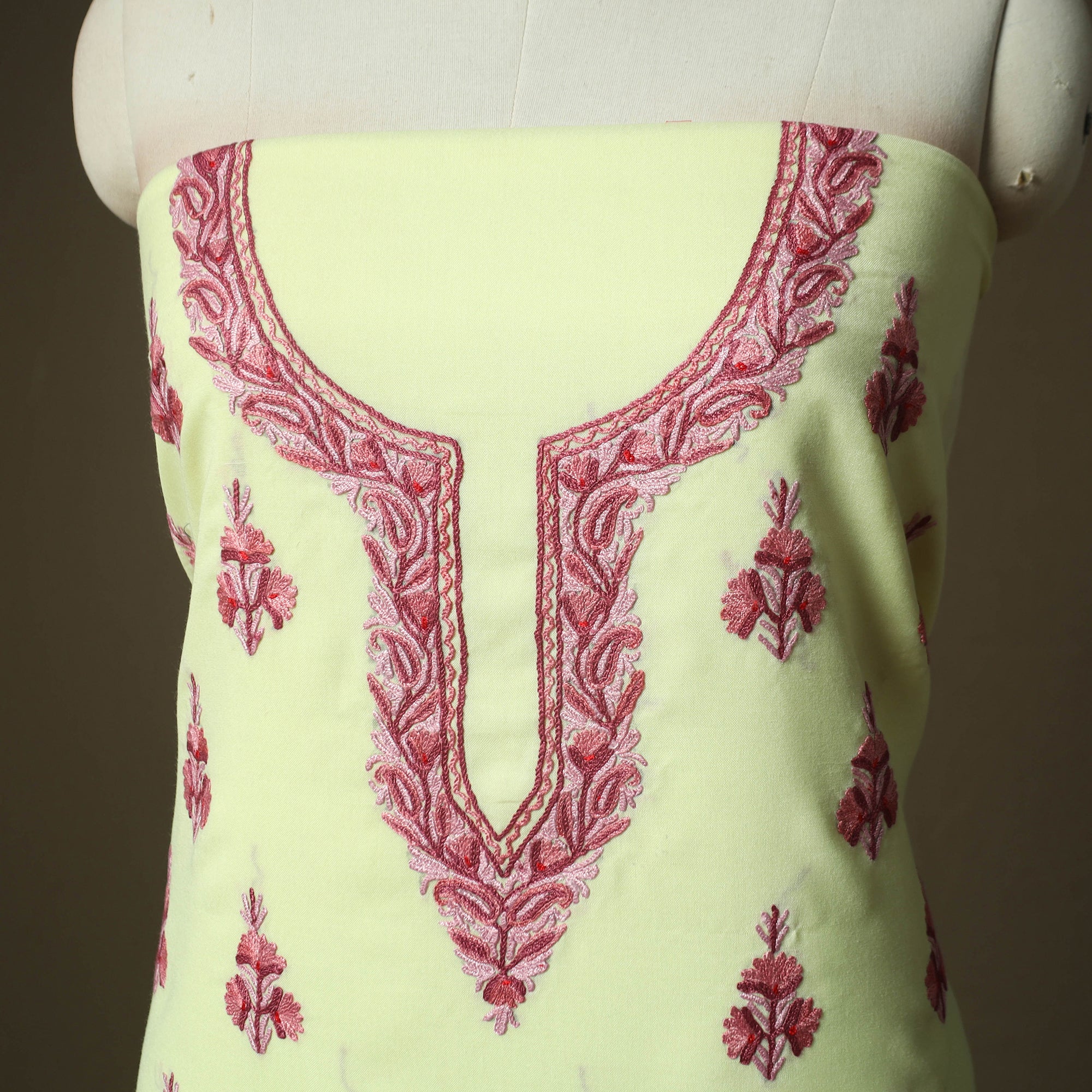 Green - Aari Hand Embroidery Cotton 2pc Unstitched Dress Material Kurta Set 20 - Image 3