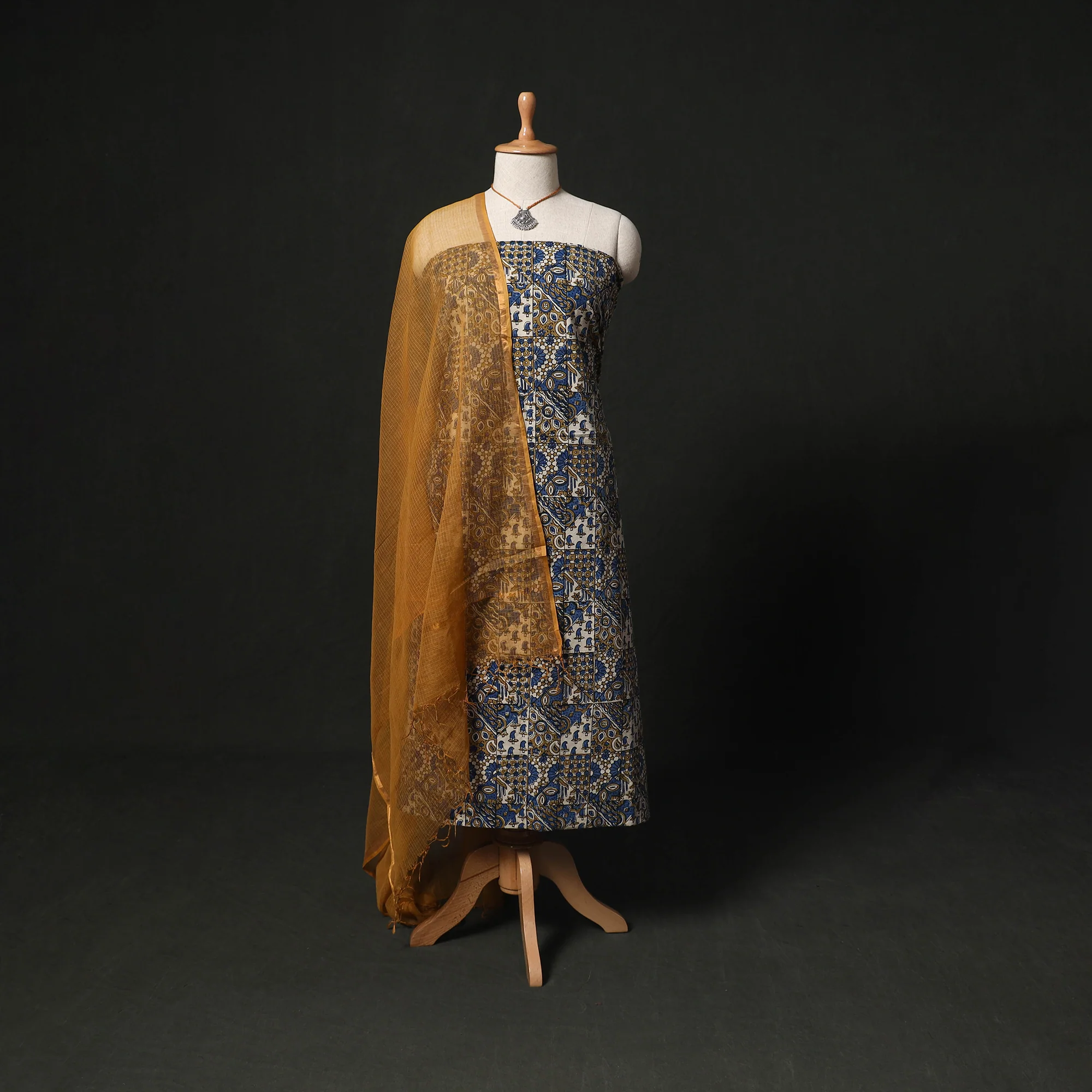 Ajrakh Hand Block Print Natural Dyed 2pc Cotton Unstitched Dress Material Kurta Set with Jewellery 01